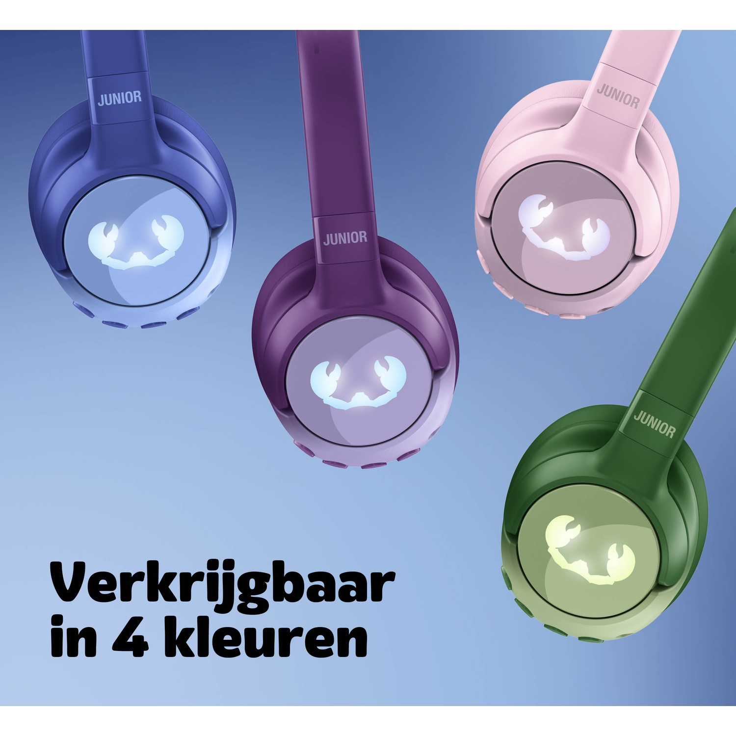 Four colorful headphones are displayed, blue, purple, pink, and green, each with a logo. Text reads 'Available in 4 colors'.