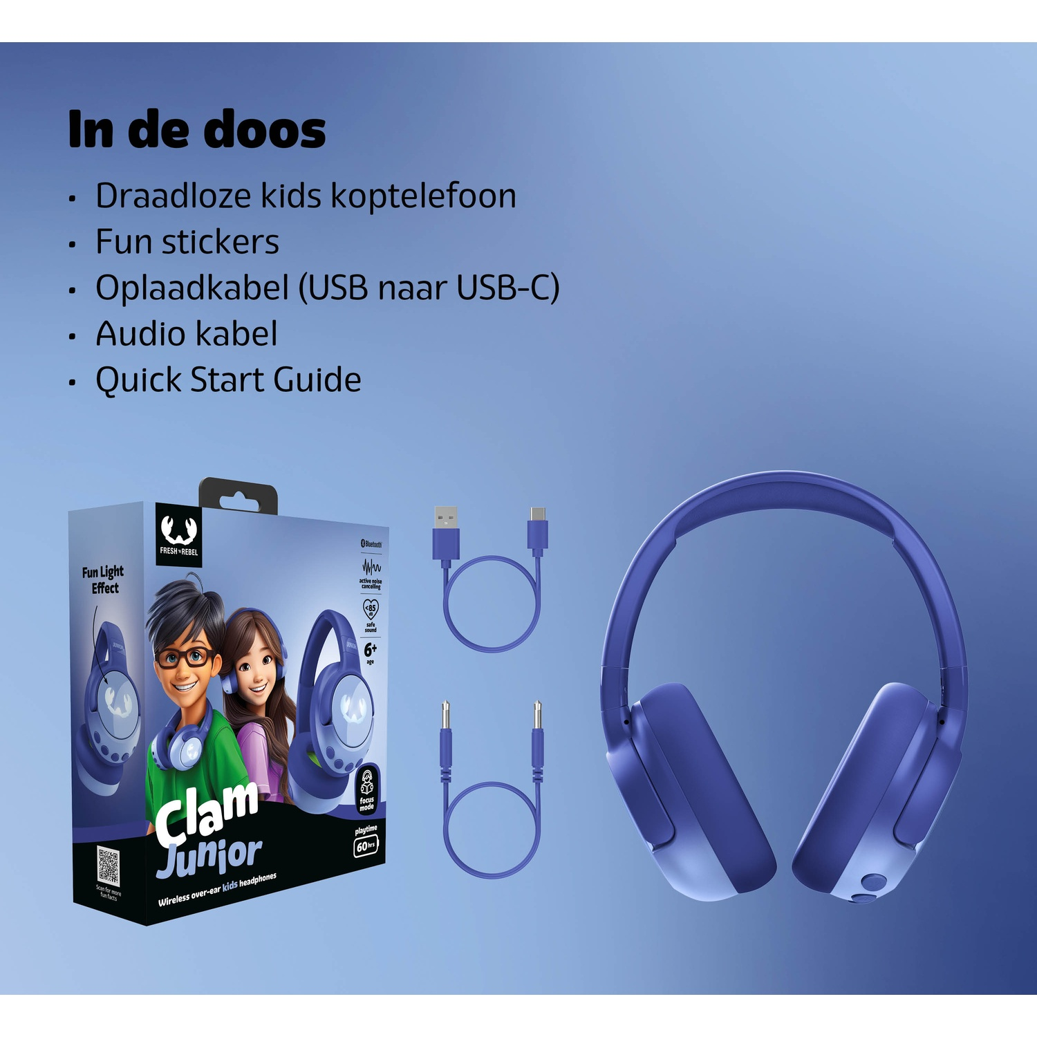 Image shows a blue kids' headphone set with a box. Text includes headphone features and accessories like a charging cable.