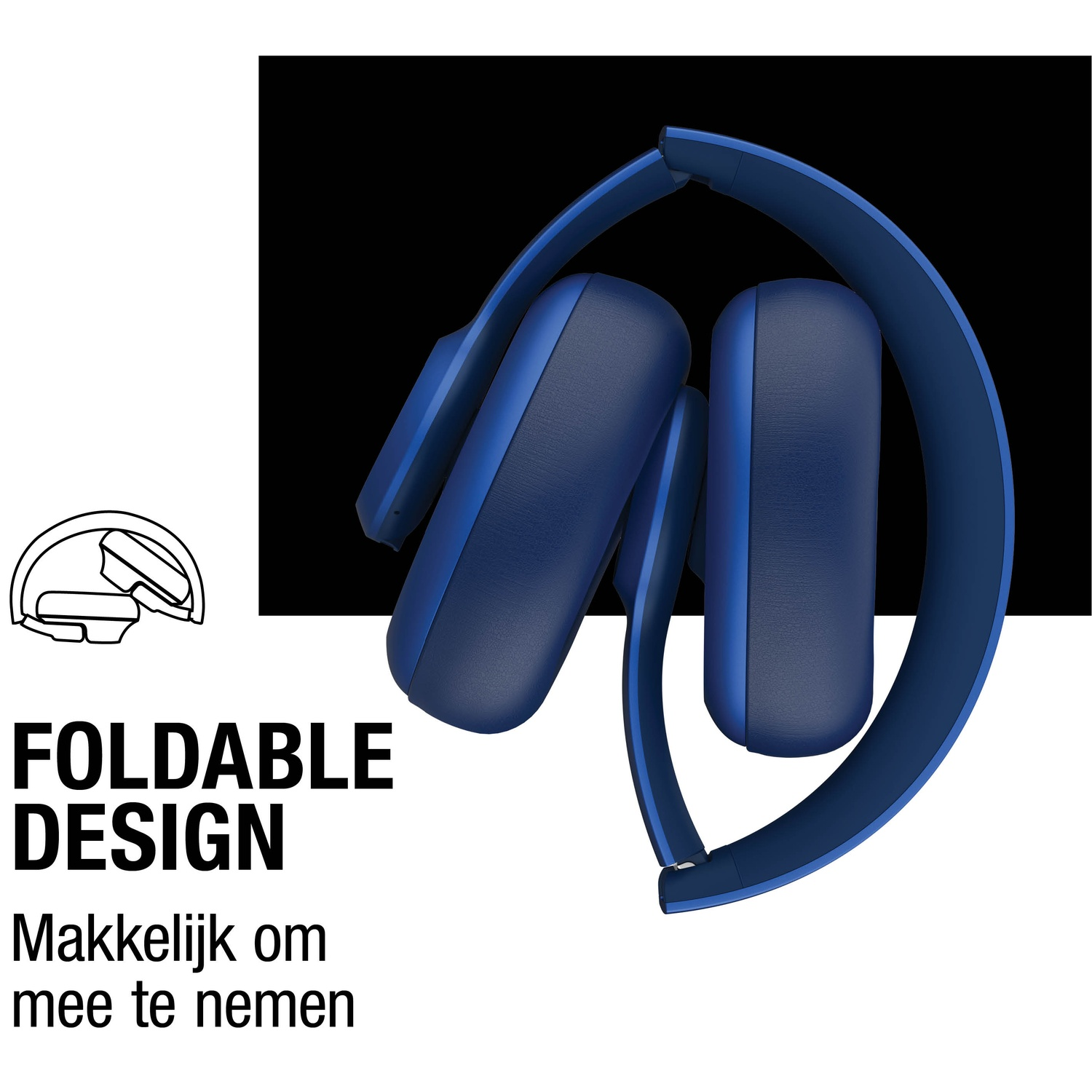 Blauwe opvouwbare koptelefoon op zwarte achtergrond. Witte tekst: 'Foldable Design' en 'Makkellijk om mee te nemen'.