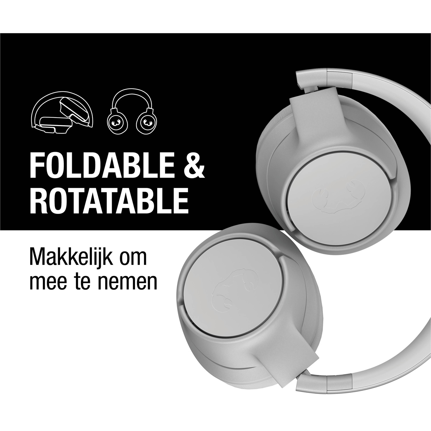 Grijze koptelefoon met ronde oorschelp. De tekst 'Foldable & Rotatable' is zichtbaar, samen met 'Makkelijk om mee te nemen'.