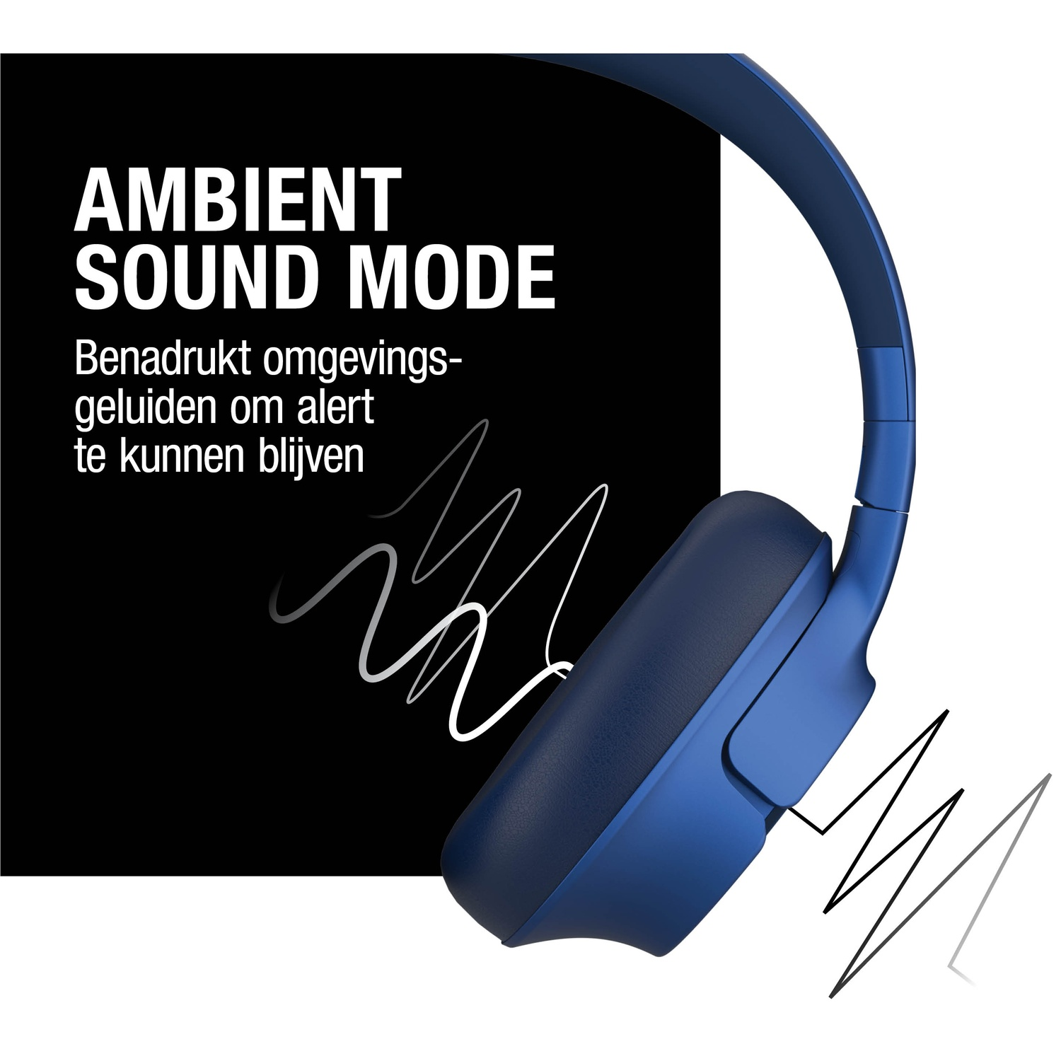 Blauwe koptelefoon met tekst 'Ambient Sound Mode'. Zwarte achtergrond met witte lijnen. Witte achtergrond.