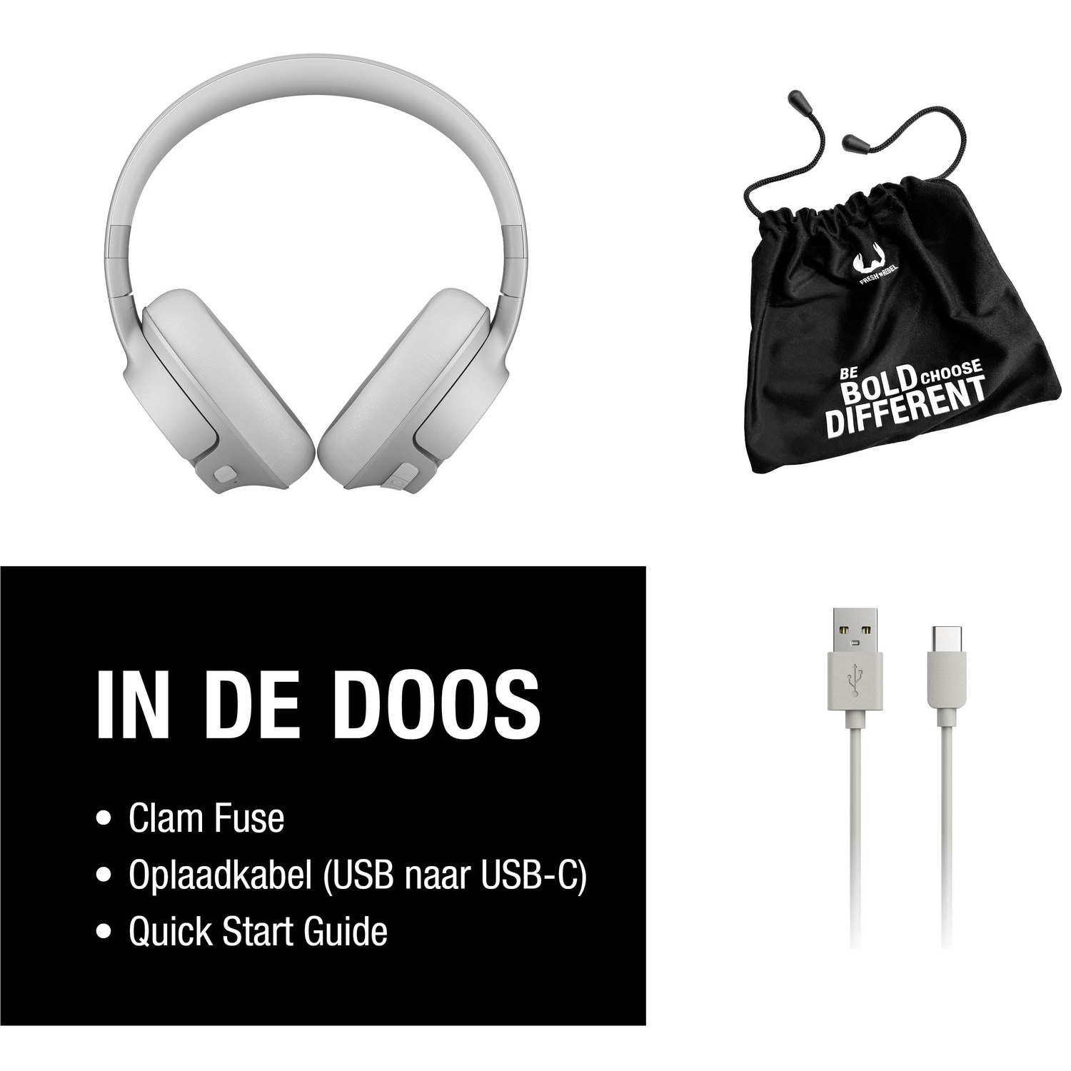Afbeelding toont witte koptelefoon, zwarte tas met tekst, oplaadkabel en een tekstlijst: Clam Fuse, USB-C kabel en Snelstartgids.