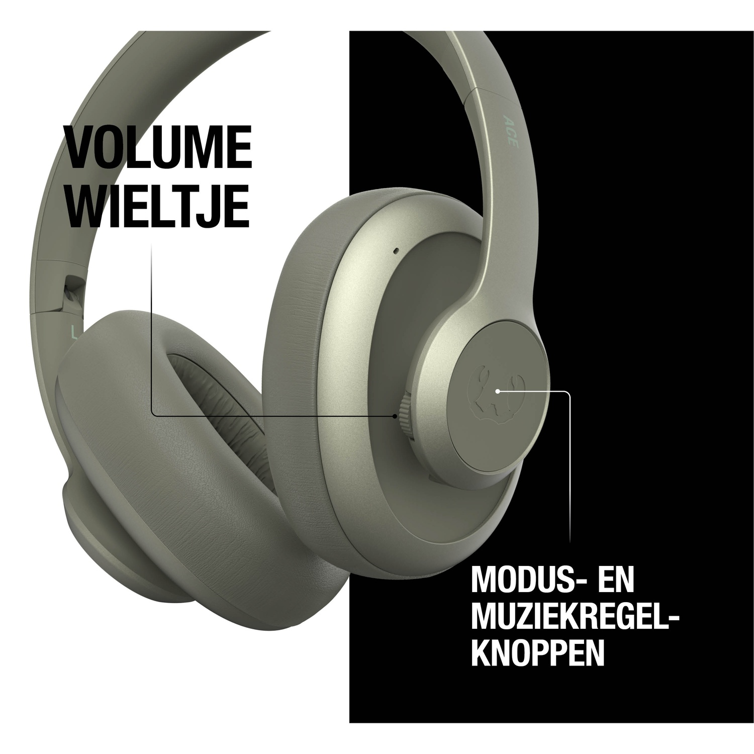 Casque audio vert olive avec étiquettes : volume, boutons de mode et de contrôle de la musique. Le fond est divisé en noir et blanc.