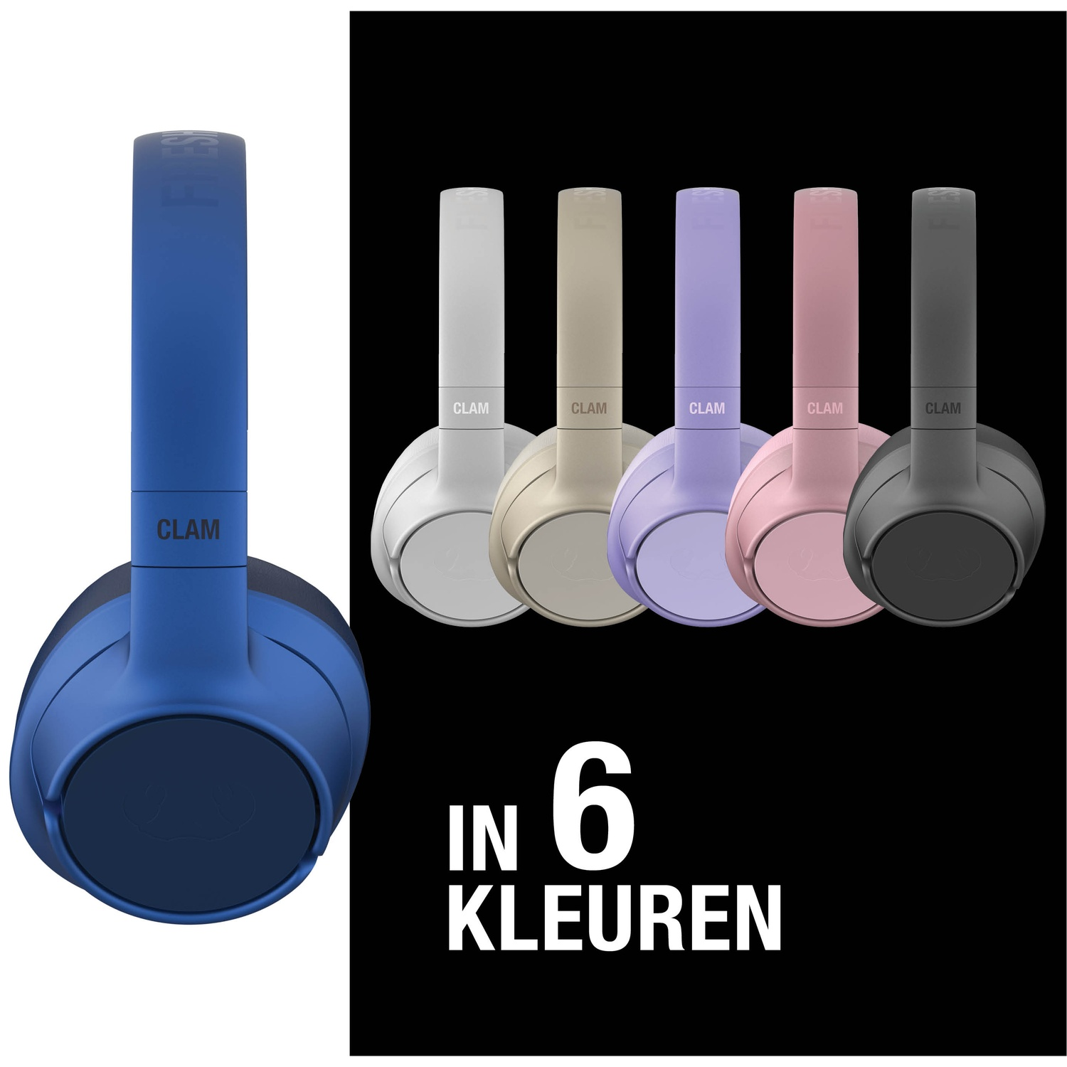 Afbeelding toont zes verschillende gekleurde koptelefoons: blauw, wit, beige, paars, roze en zwart. Tekst luidt 'IN 6 KLEUREN'.
