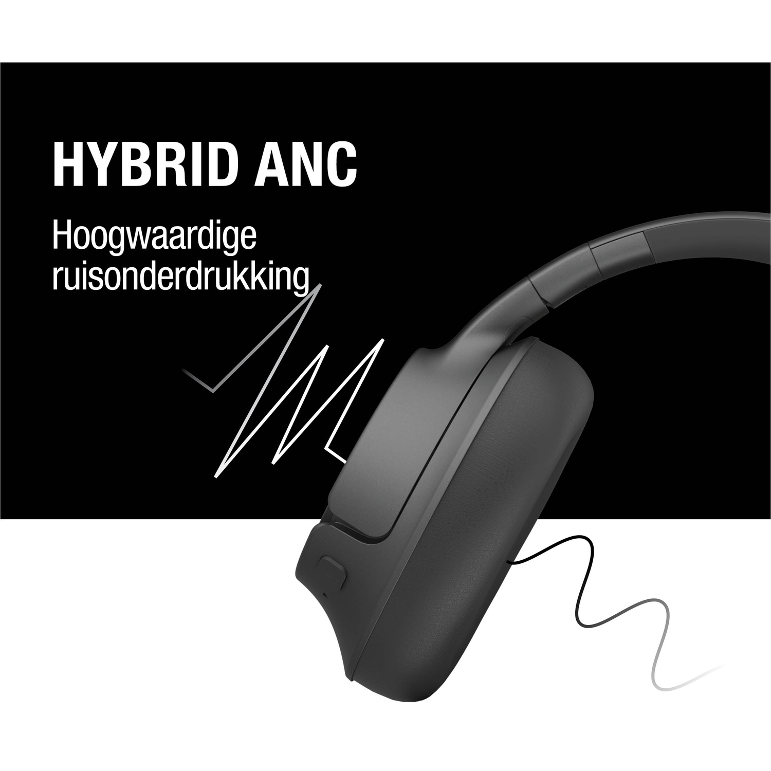 Zwarte koptelefoon op een witte en zwarte achtergrond met de tekst 'HYBRID ANC' en 'Hoogwaardige ruisonderdrukking'.