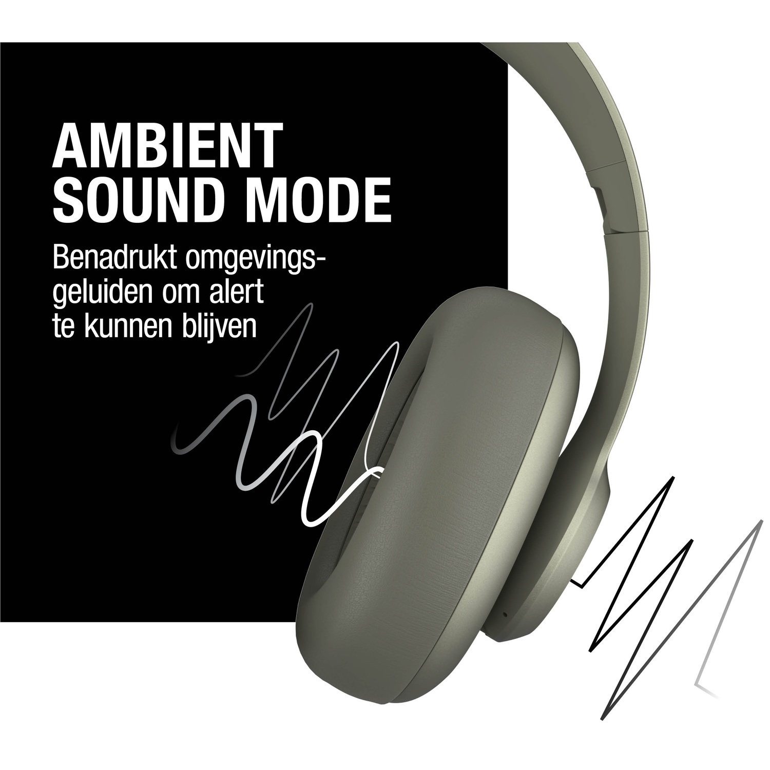 Casque avec texte 'AMBIENT SOUND MODE'. Lignes ondulées blanches et fond noir. Texte néerlandais.