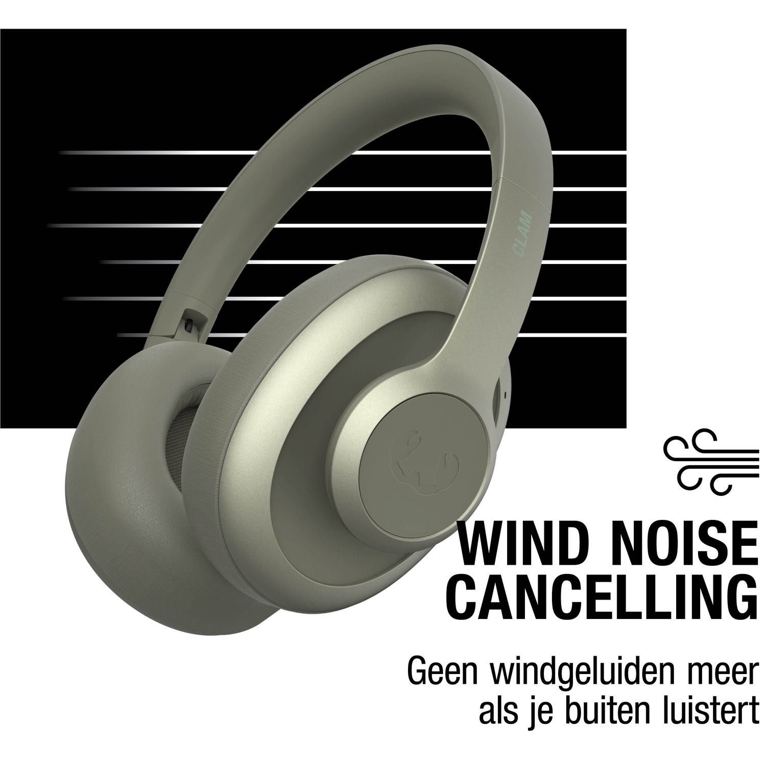Casque vert olive avec le texte 'WIND NOISE CANCELLING'. Fond noir avec des lignes blanches. Texte en néerlandais en bas.