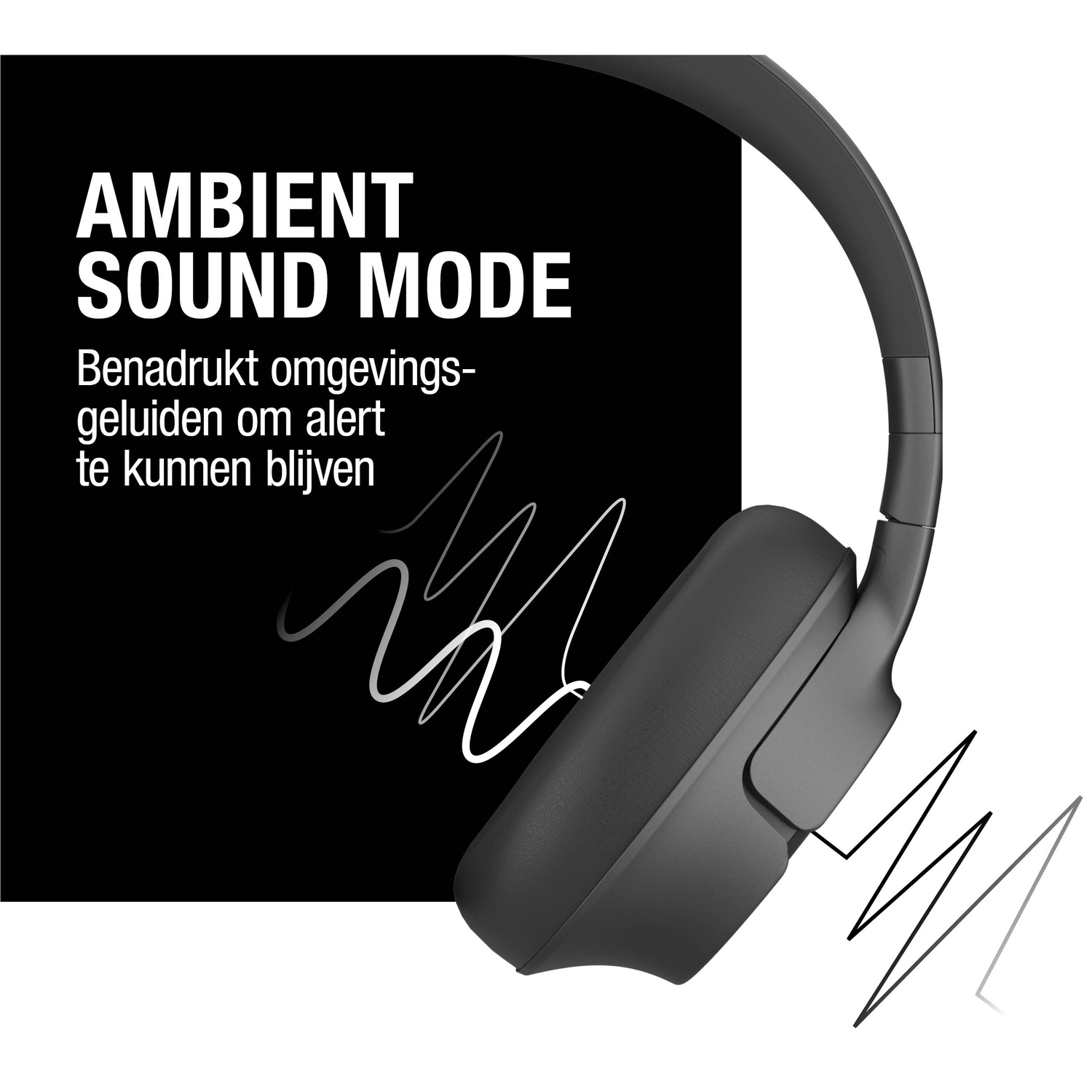 Zwarte koptelefoon met witte geluidsgolflijnen op zwarte achtergrond. Tekst: 'AMBIENT SOUND MODE'.