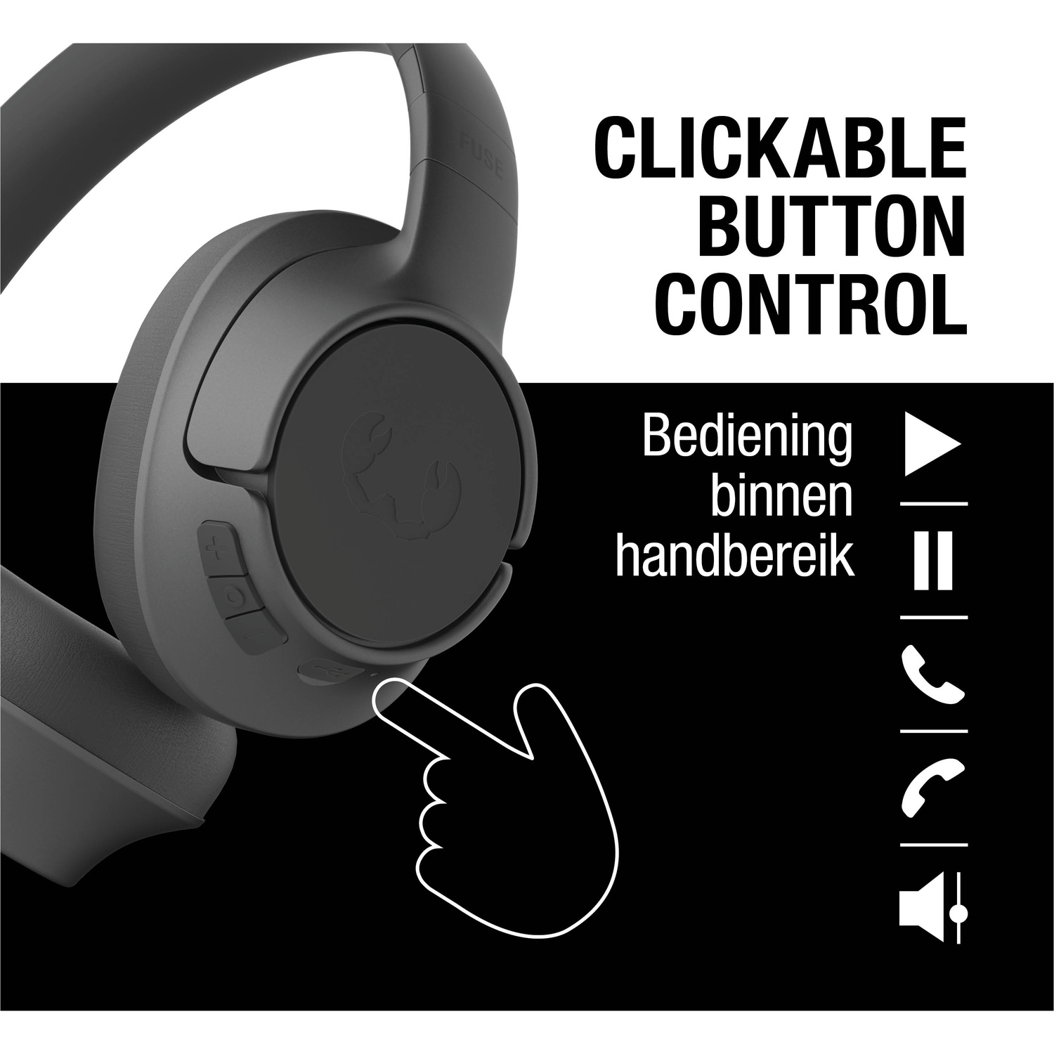 Grijze koptelefoon met klikbare knopbediening. Tekst: 'Bediening binnen handbereik', met iconen. Een hand wijst naar een knop.