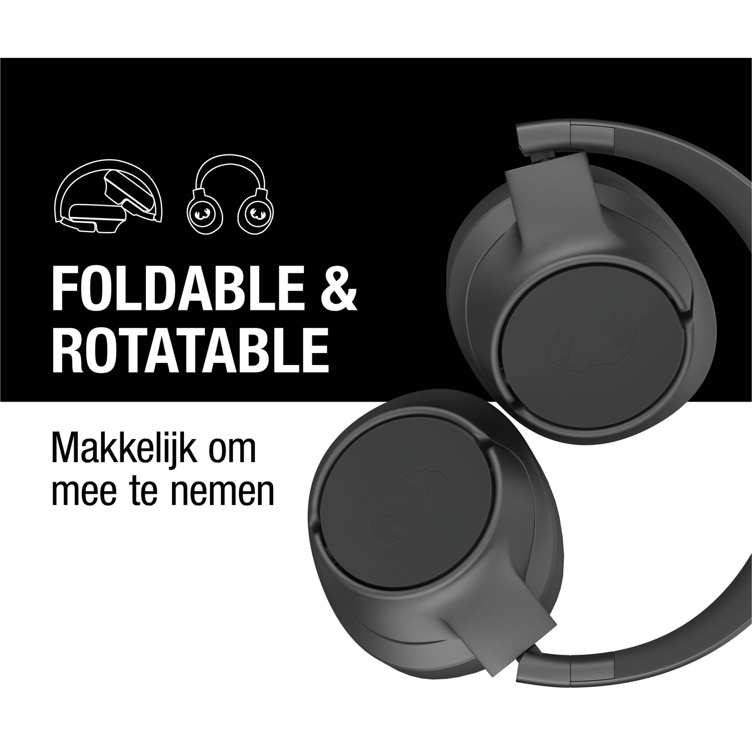 Zwarte koptelefoon, opvouwbaar en draaibaar, op witte achtergrond met zwarte accenten. Tekst: 'Foldable & Rotatable' en 'Easy to take'.