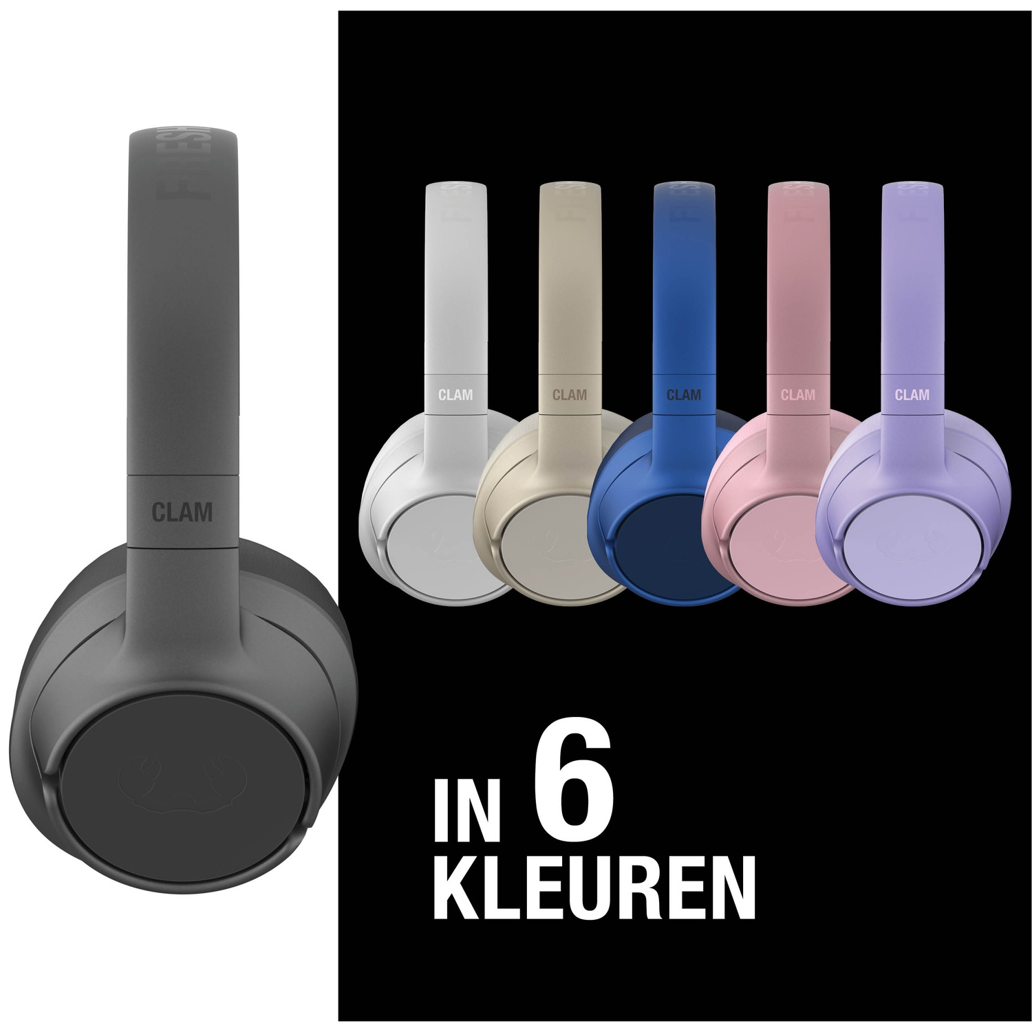 Afbeelding toont 6 kleurrijke koptelefoons: wit, beige, blauw, roze en paars. Een zwarte koptelefoon aan de linkerkant. Tekst: 'IN 6 KLEUREN'.