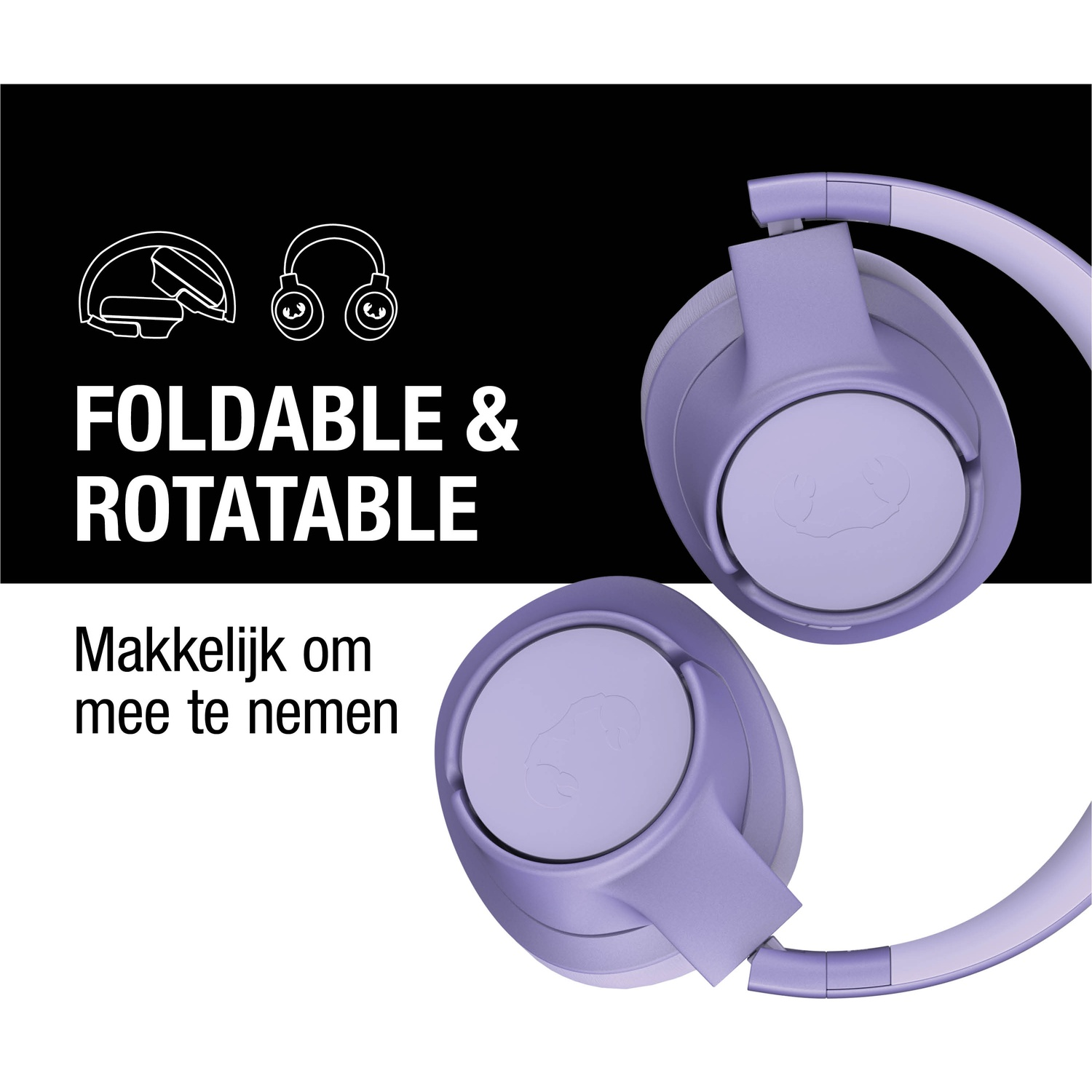 L'image présente un casque pliable et rotatif de couleur violette. Le texte sur l'image dit 'Foldable & Rotatable' et 'Easy to take along'.