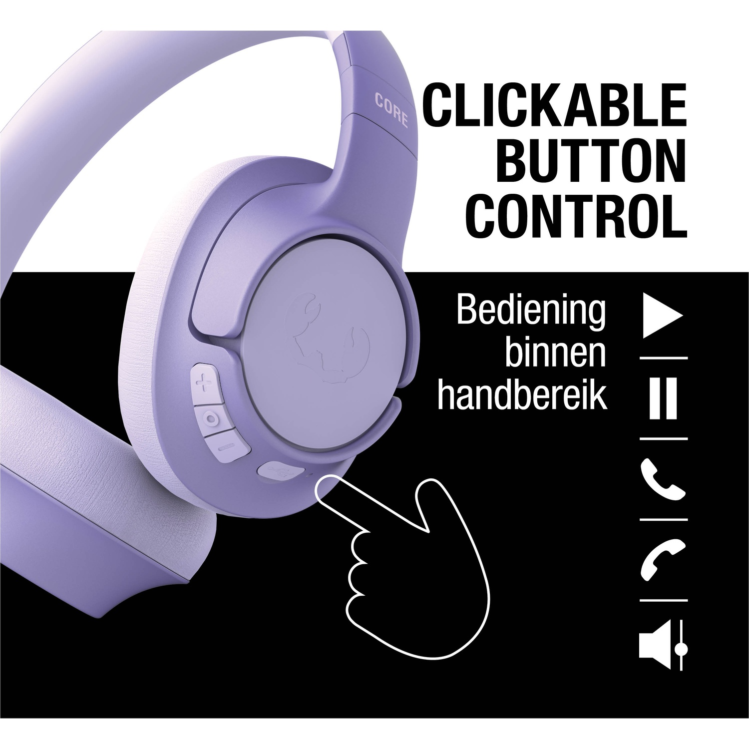 Un casque violet avec contrôle de bouton cliquable. Une main pointe vers un bouton. Texte et icônes sur fond noir.
