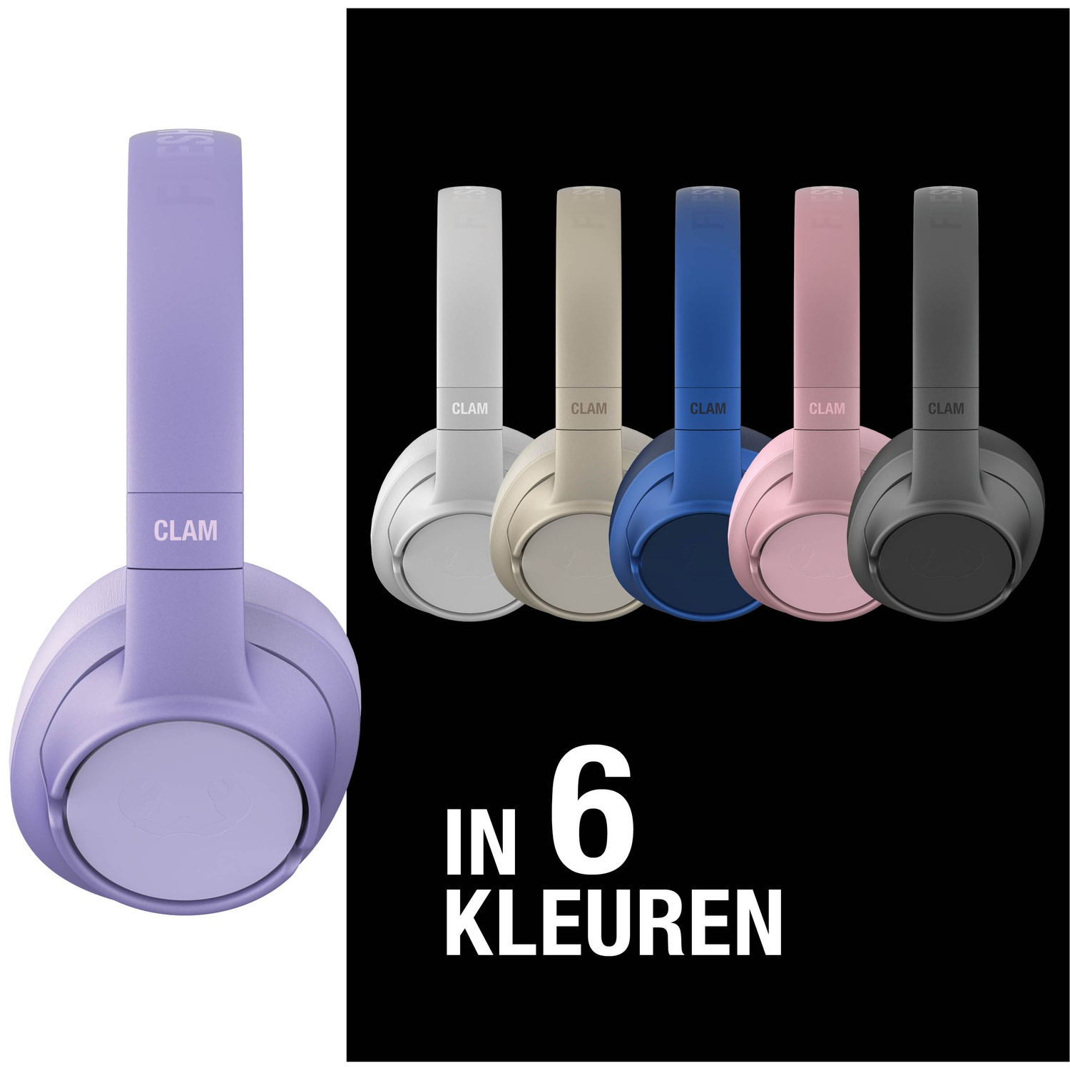Casque audio en six couleurs : blanc, beige, bleu, rose, gris et violet. Le texte dit 'IN 6 KLEUREN'.