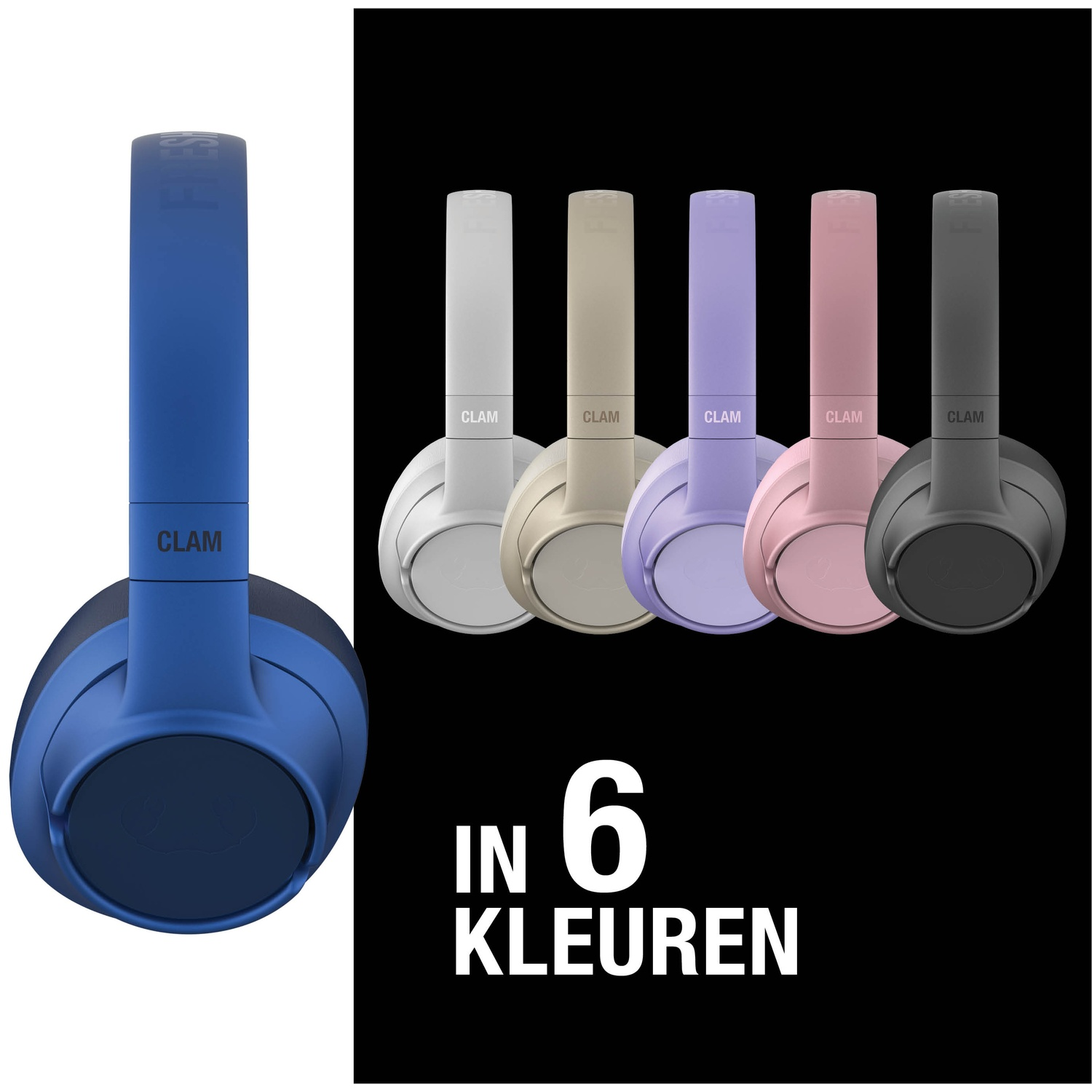 Afbeelding toont zes gekleurde koptelefoons: blauw, wit, beige, paars, roze en grijs. Tekst zegt 'IN 6 KLEUREN' op zwarte achtergrond.