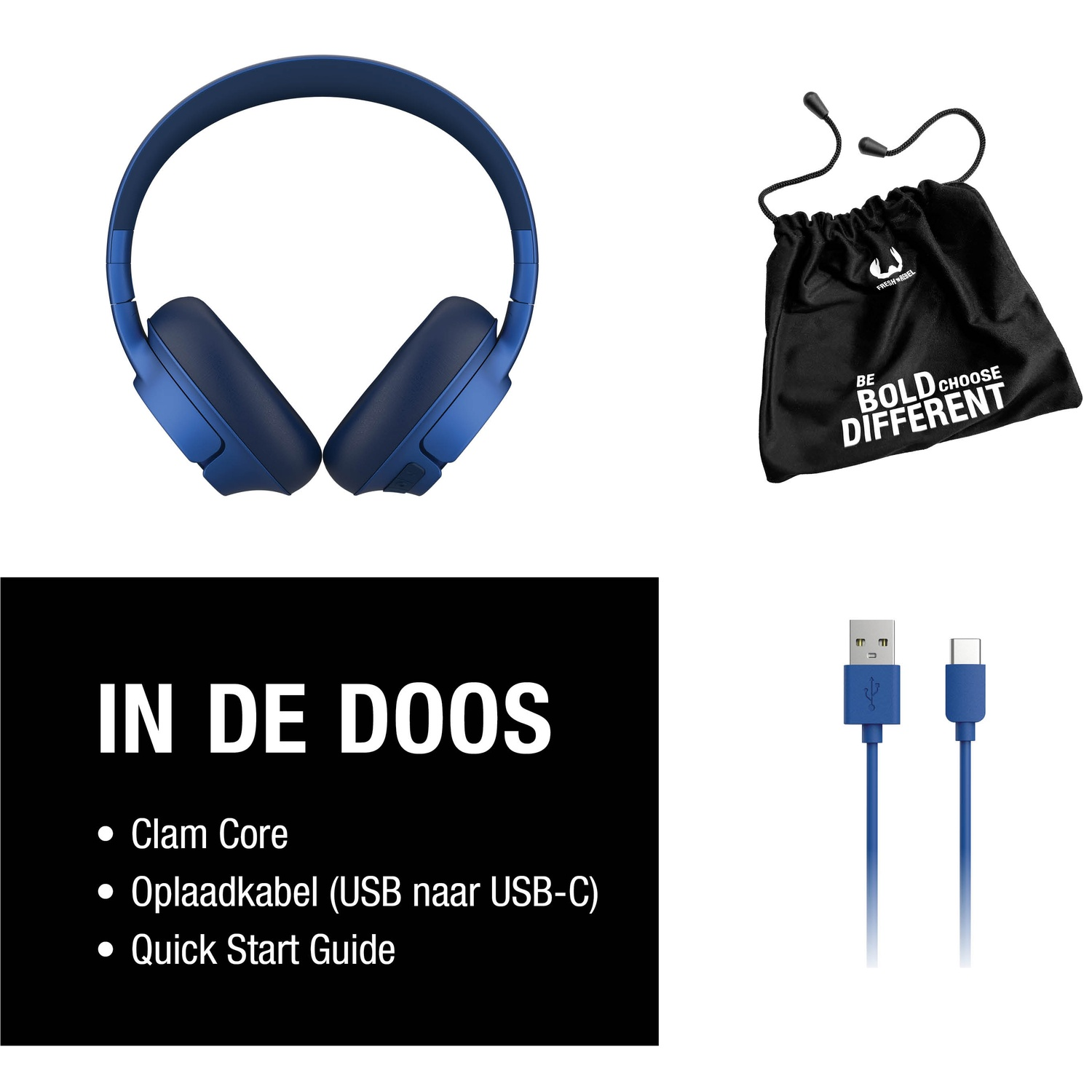 Blauwe koptelefoon, zwarte zak met tekst, oplaadkabel en een lijst: Clam Core, oplaadkabel, snelstartgids.
