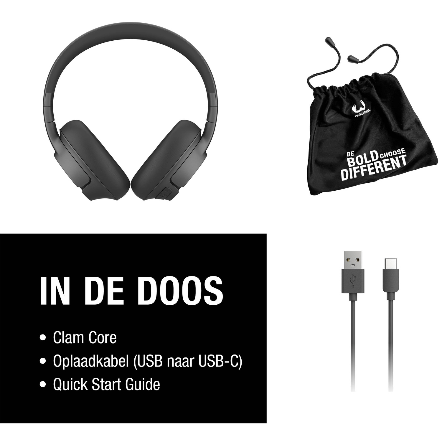 L'image montre un casque, un sac de transport avec du texte et une liste d'éléments : Clam Core, câble USB-C et guide de démarrage rapide.
