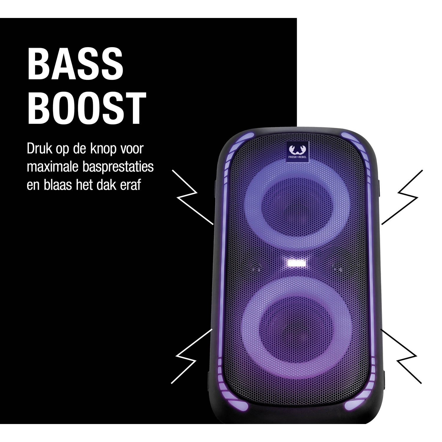 Een zwarte luidspreker met paars oplichtende cirkels. Tekst luidt 'BASS BOOST' met Nederlandse instructies.