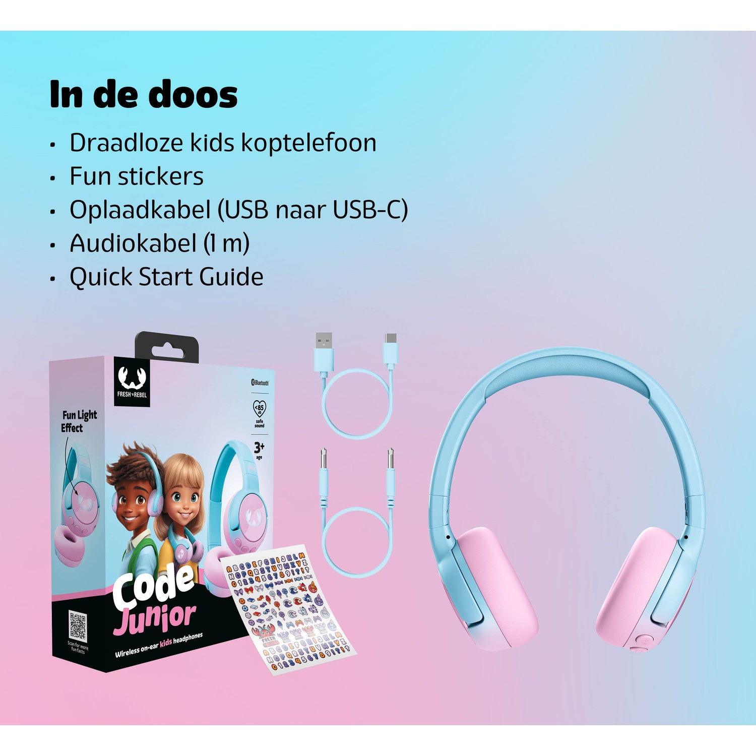 Image shows a blue and pink kids' headphone set, box, stickers, cables, and a quick start guide. The box features cartoon kids.