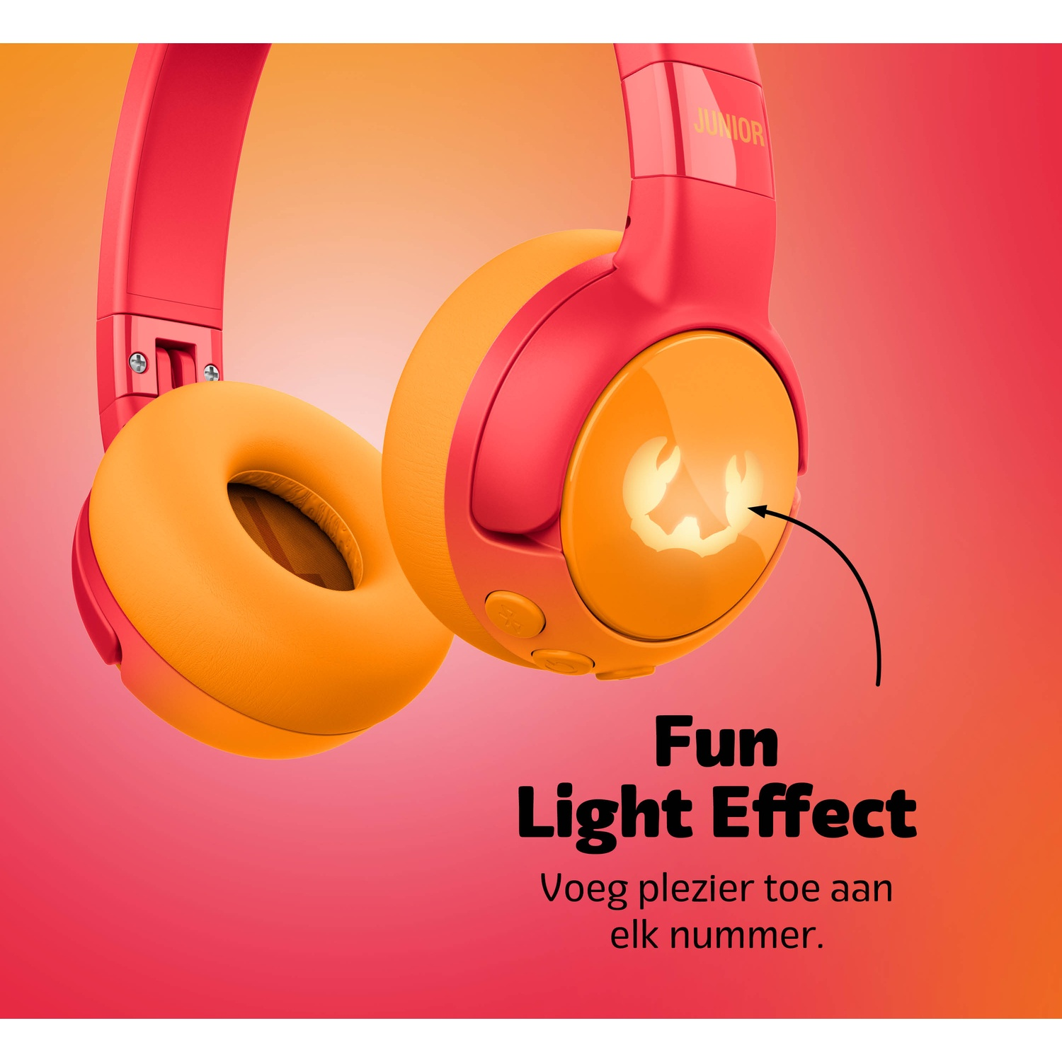 Red and orange headphones with a fun light effect. The earcups are orange and the headband is red. Text says 'Fun Light Effect'.