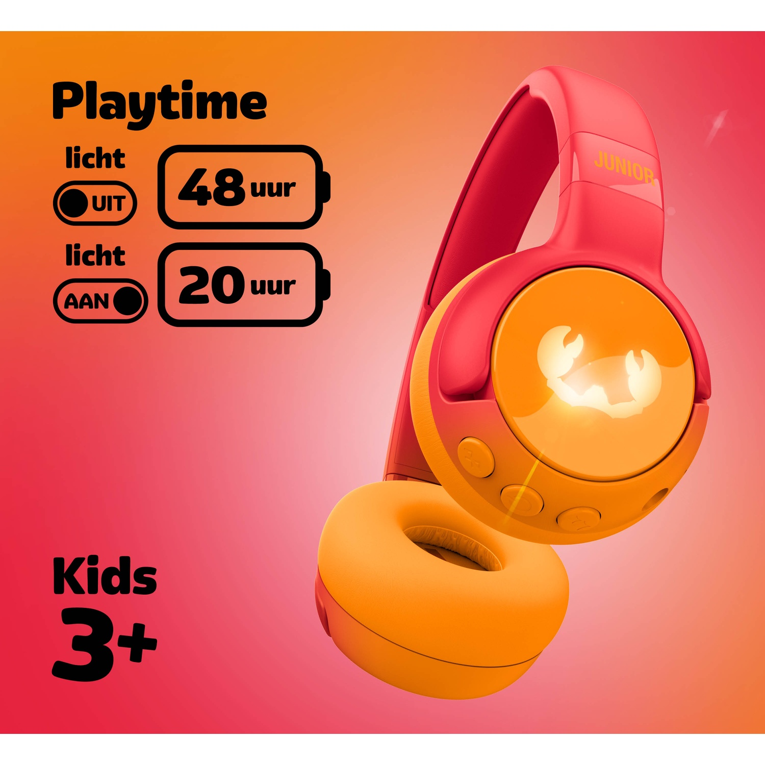Red and orange kids headphones. Text on the left says 'Playtime', 'Kids 3+'. On the right 'JUNIOR' on headband.