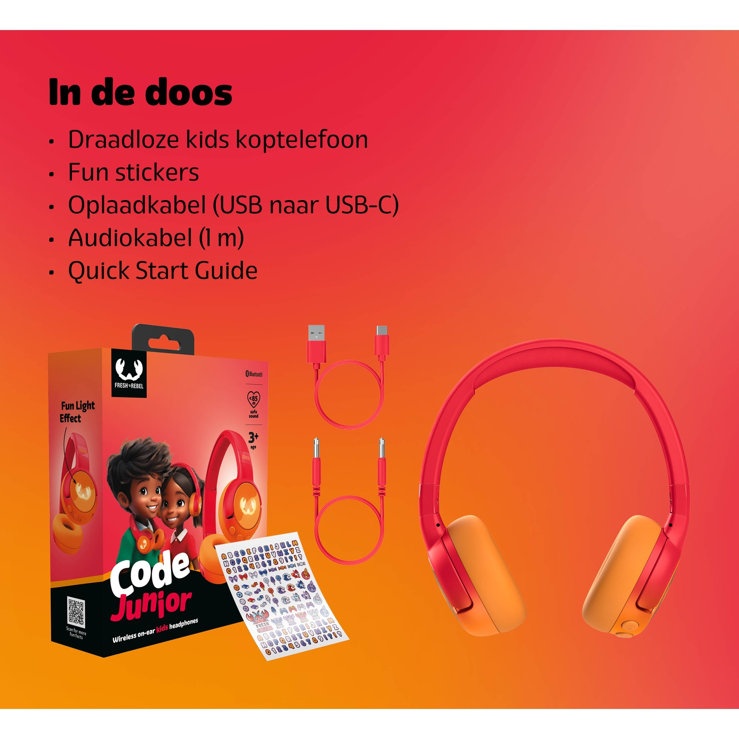 Red and orange kids headphones, stickers, and charging cables on an orange background.  Box shows children and headphones.