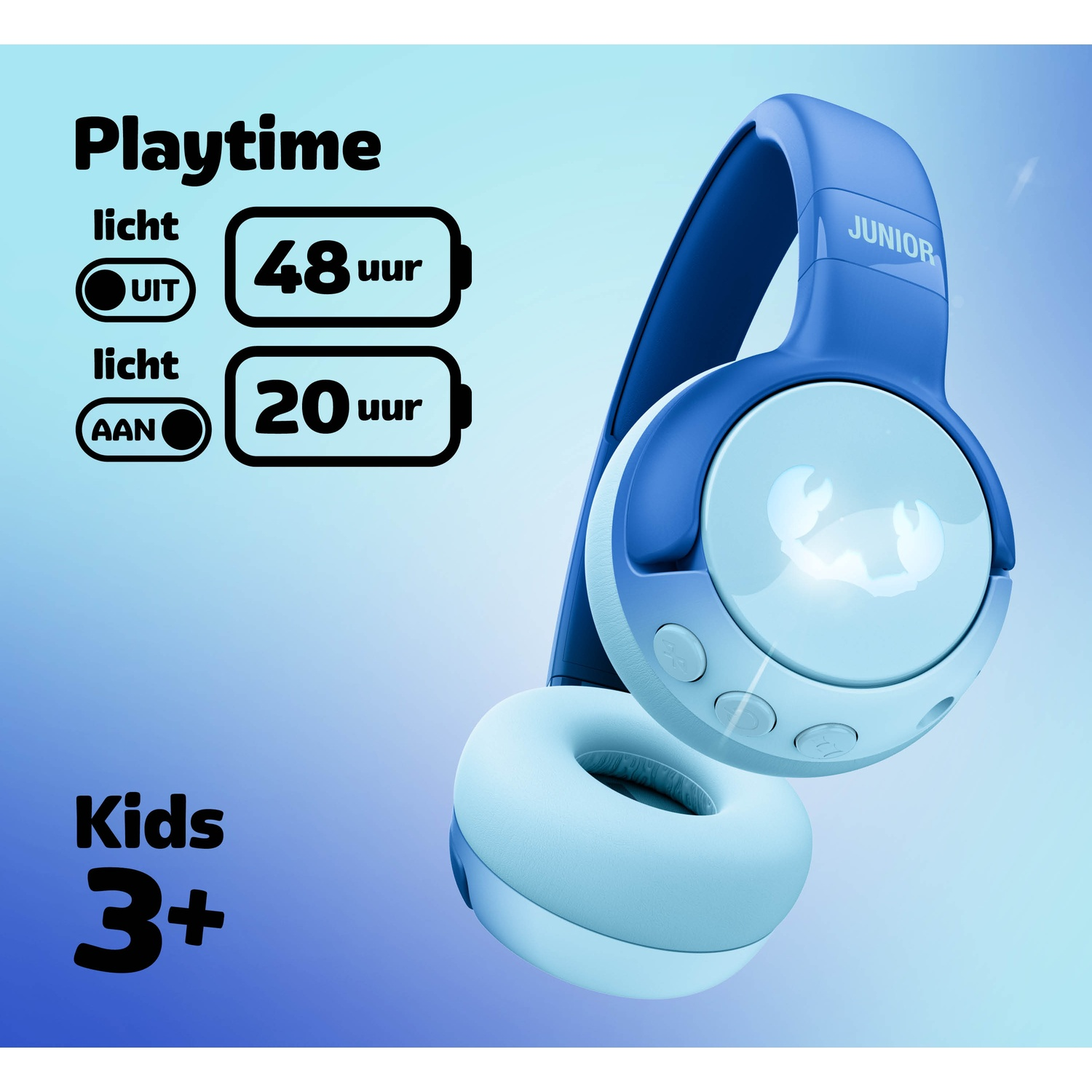 Blauwe en lichtblauwe kinderhoofdtelefoon met het woord 'Playtime'. Toont 48 uur zonder licht en 20 uur met licht.