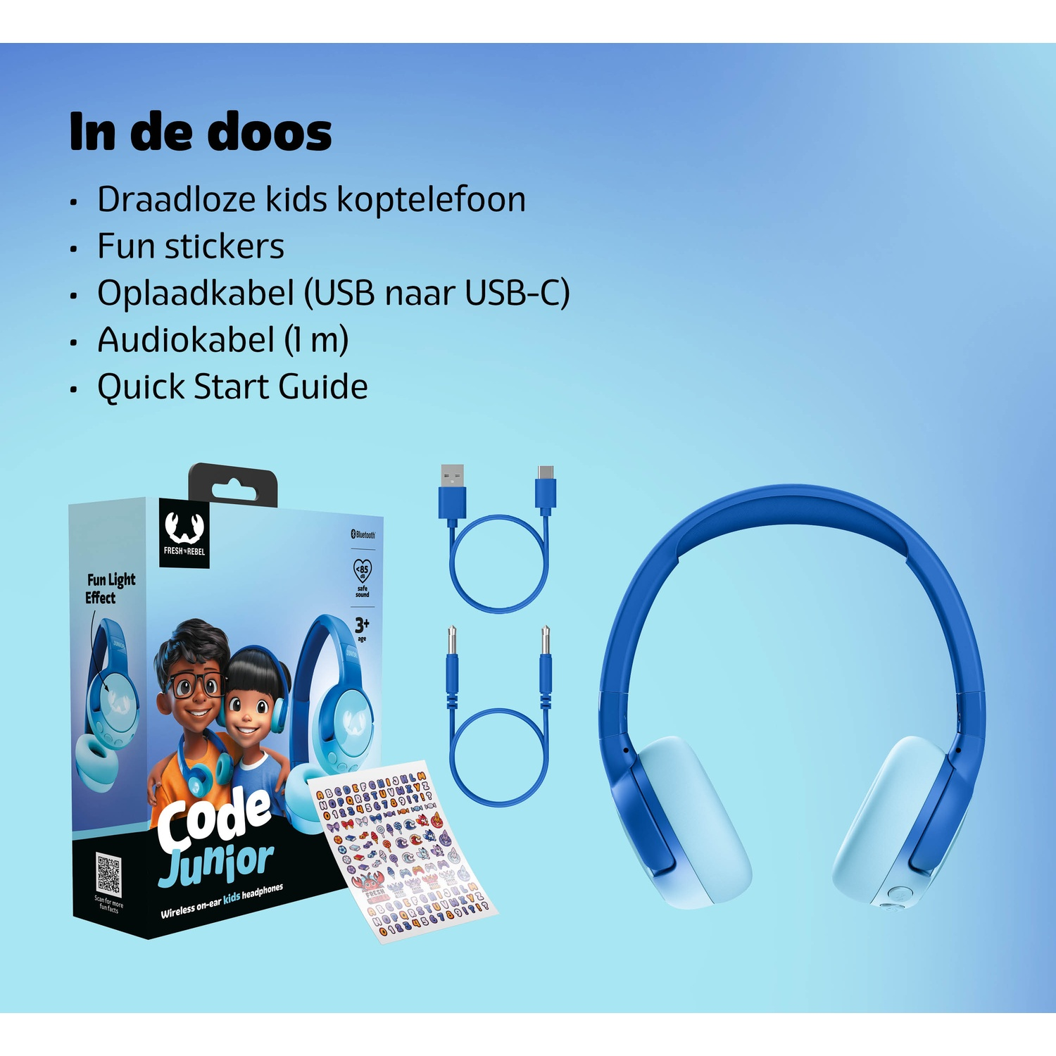 Afbeelding toont een blauwe en lichtblauwe kinderhoofdtelefoonset, kabels, stickers en een doos met een cartoonafbeelding van twee kinderen.
