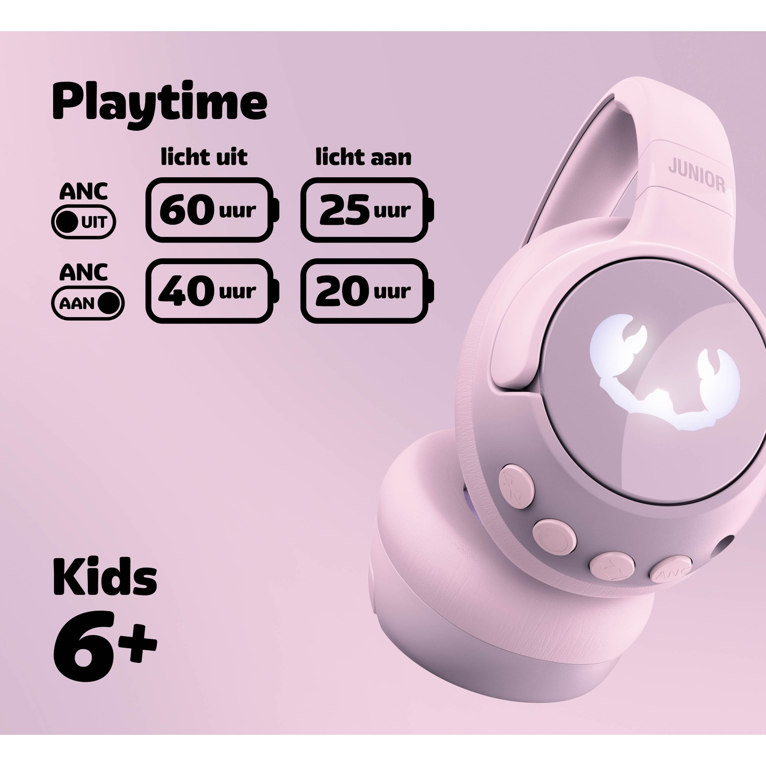 Roze koptelefoon met 'Junior'-tekst. Tekst toont speeltijduren met en zonder licht. 'Kids 6+' is ook geschreven. Achtergrond is roze.
