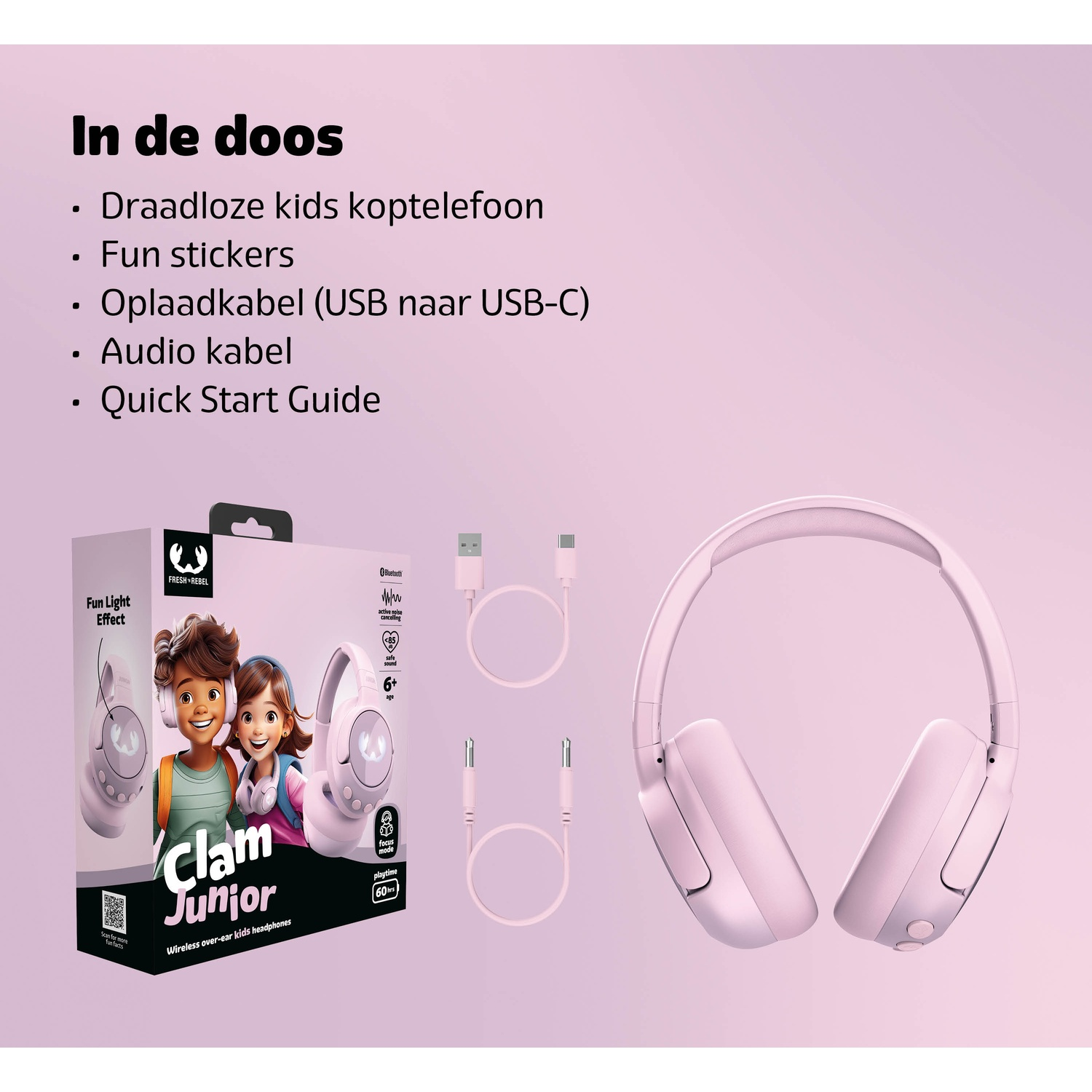 Roze kinderhoofdtelefoon, doos met twee tekenfilmkinderen, kabels en tekst in het Nederlands: Draadloze hoofdtelefoon, stickers, oplaadkabel.