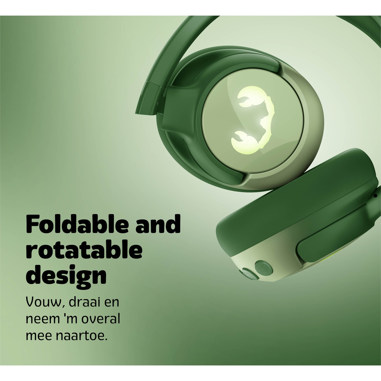 Groene koptelefoon met schorpioenontwerp op lichtgroene achtergrond. Tekst: 'Foldable and rotatable design'.