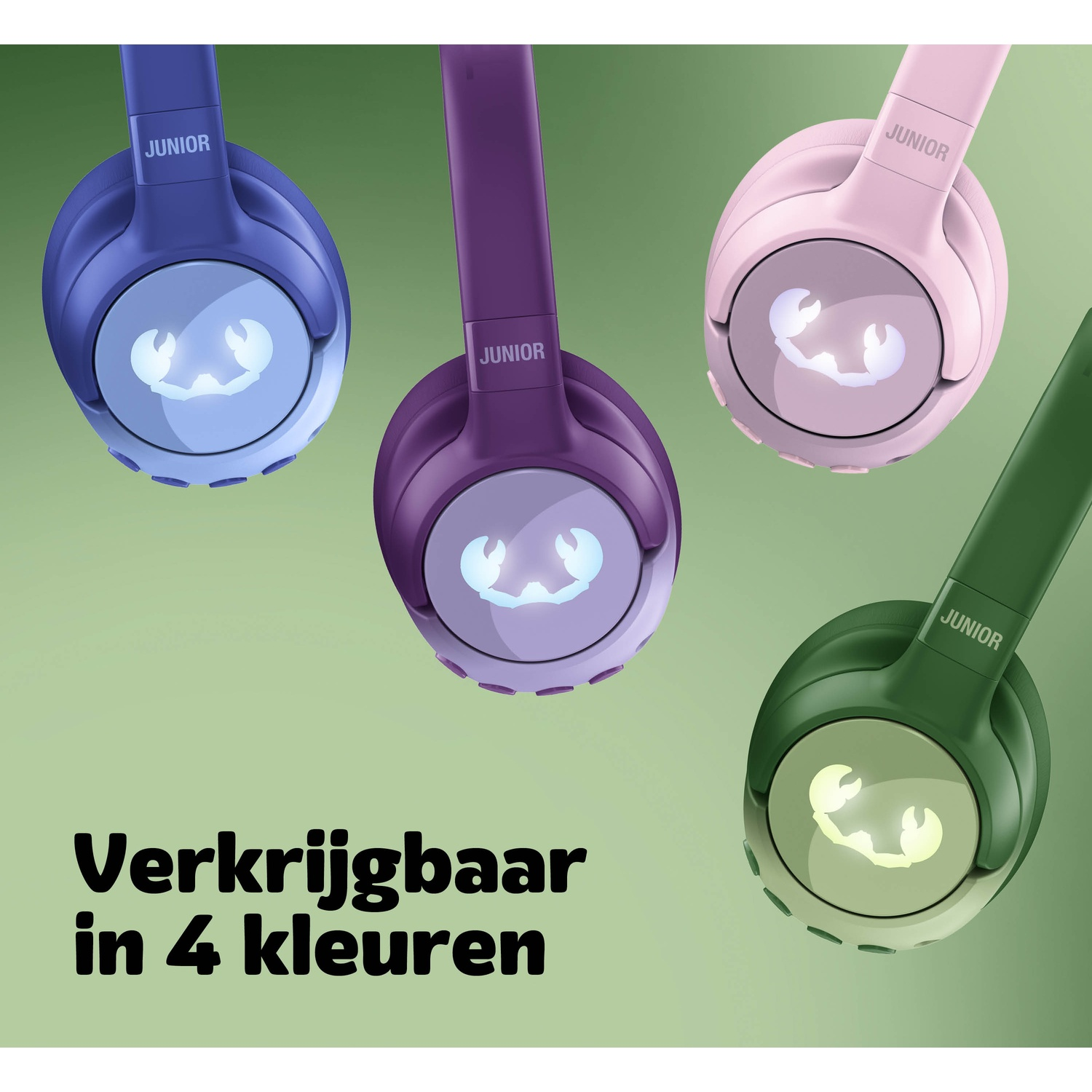 Vier kleurrijke koptelefoons worden weergegeven: blauw, paars, roze en groen. Elk heeft het woord 'JUNIOR' op de band.