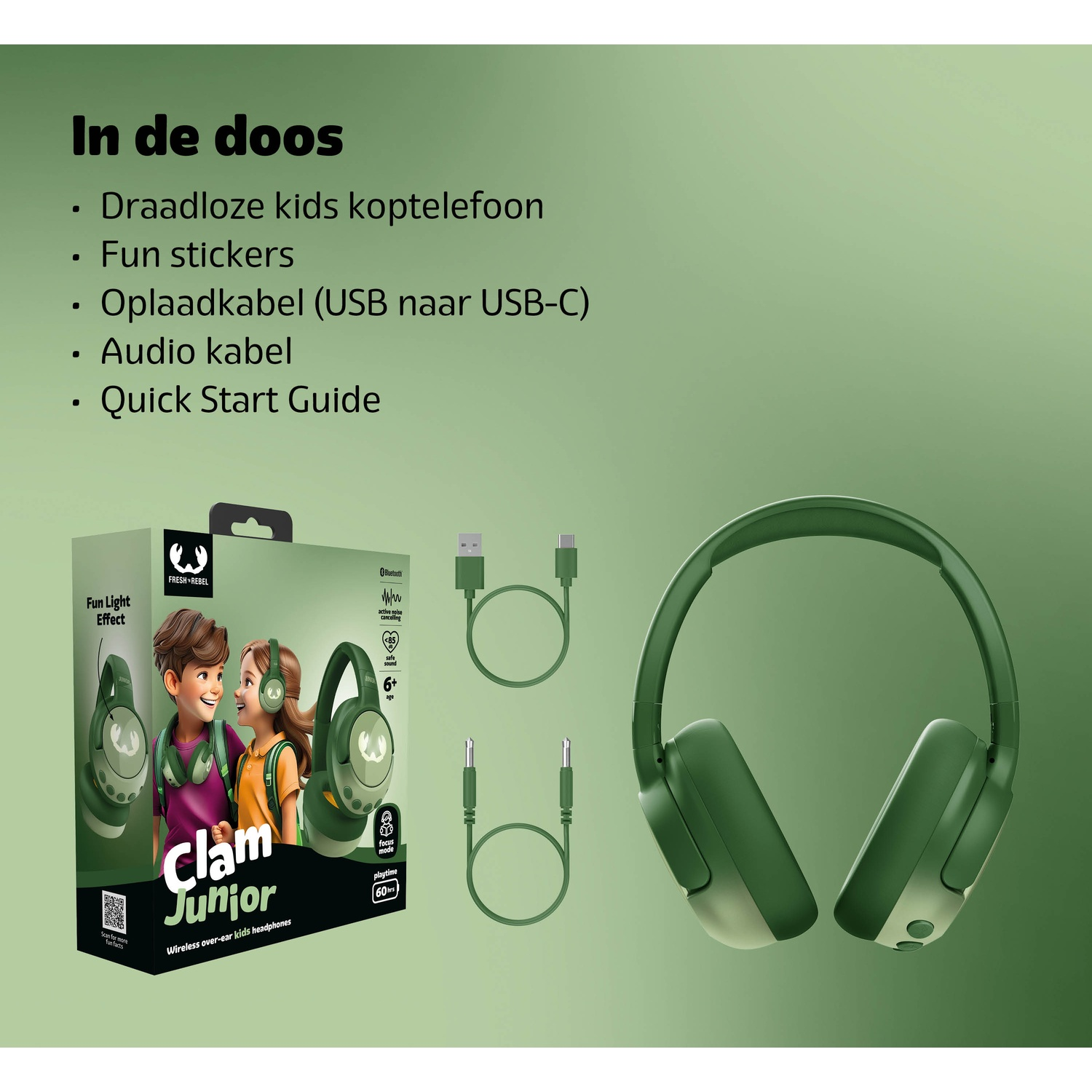 Afbeelding toont een doos met koptelefoons, kabels en een koptelefoon. De doos heeft een cartoon van twee kinderen met een koptelefoon.