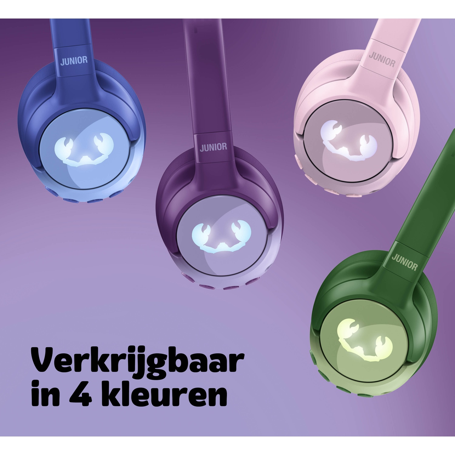 Vier kleurrijke koptelefoons (blauw, paars, roze, groen) op een paarse achtergrond, met een krablogo op de oorschelpen.