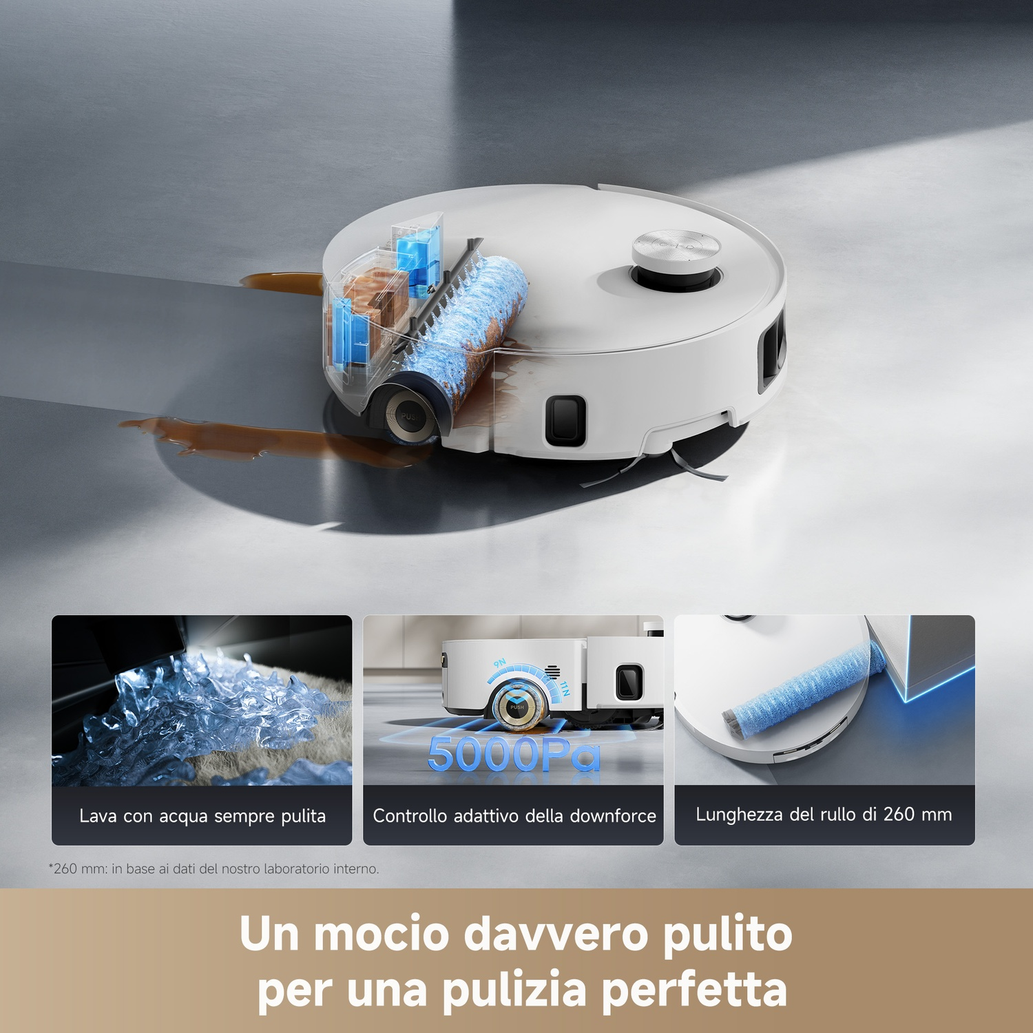 Un aspirapolvere robotico bianco con rullo blu, che mostra parti interne e pulizia ad acqua. Il testo include '5000Pa' e specifiche.