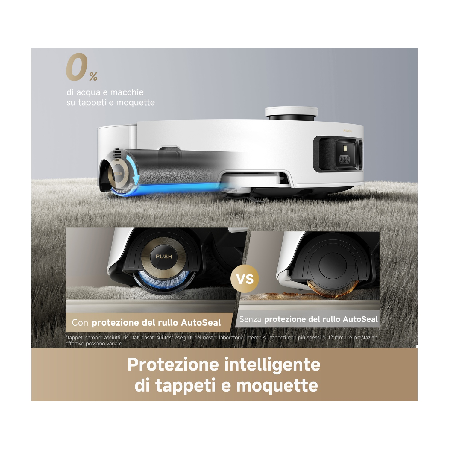 Un aspirapolvere robot bianco su un tappeto. Mostra la protezione del rullo AutoSeal, evidenziando il processo di pulizia.