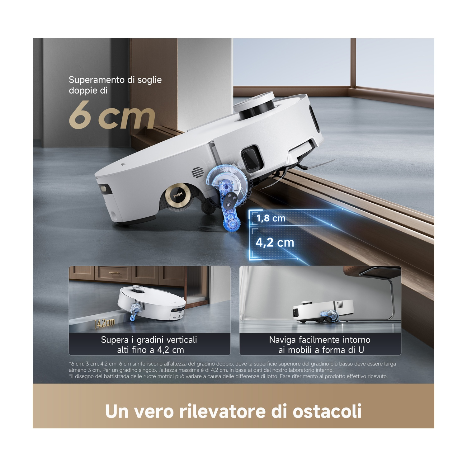 Un aspirapolvere robot bianco sale un piccolo gradino. Il testo indica che può gestire soglie fino a 6 cm e gradini di 4,2 cm.
