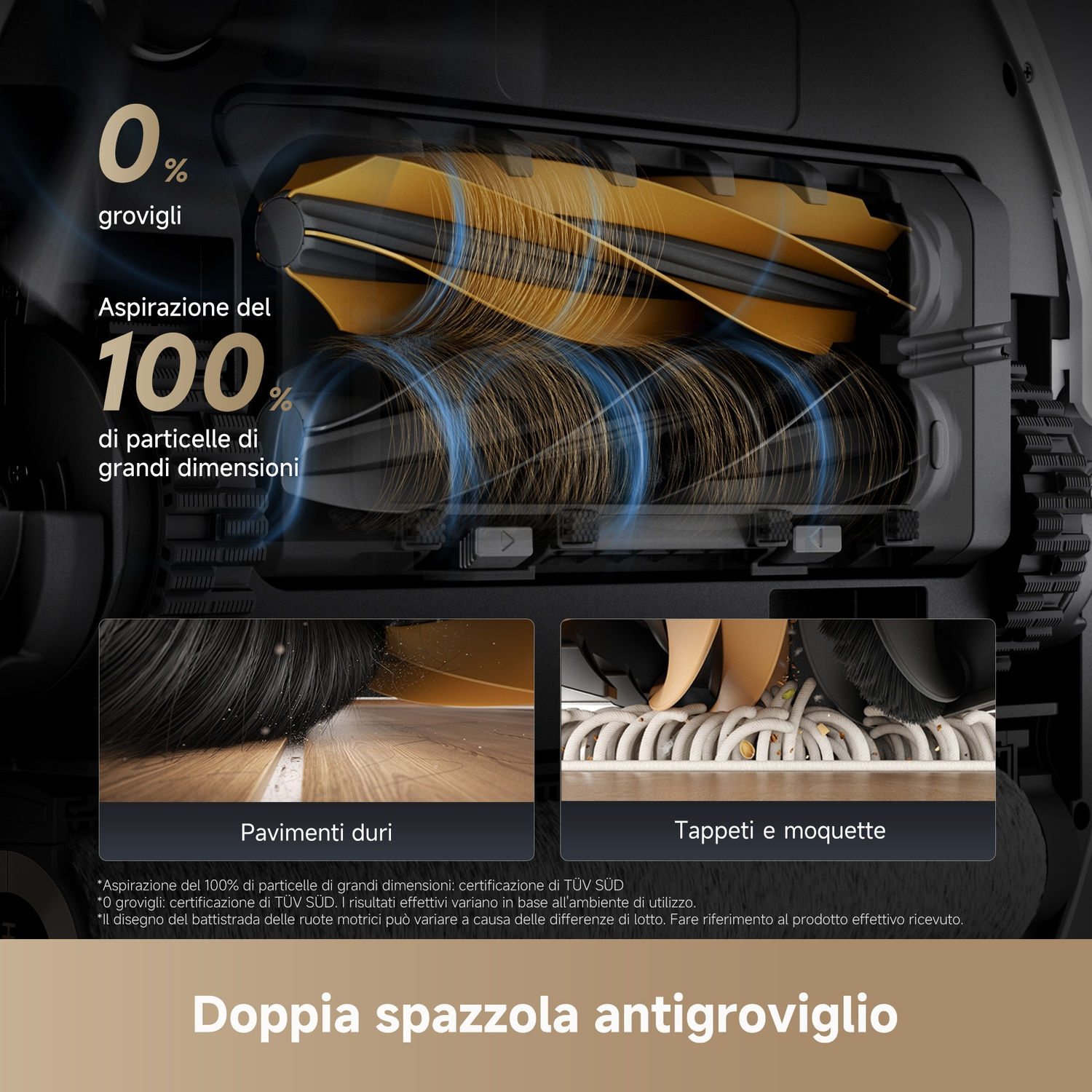 L'immagine mostra un aspirapolvere con doppie spazzole anti-groviglio. Il testo evidenzia 0% grovigli e il 100% di aspirazione di particelle grandi.