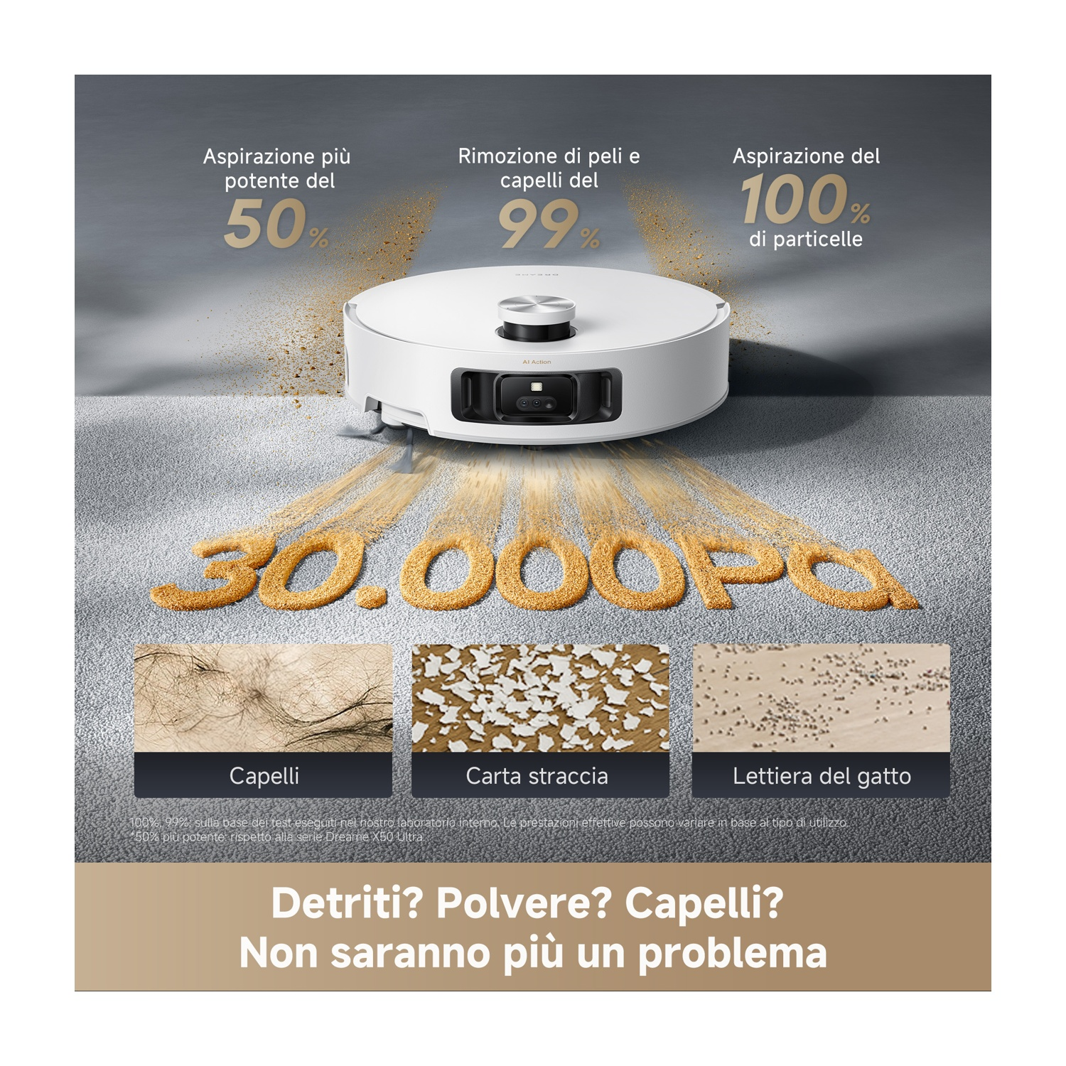 Un aspirapolvere robot bianco su un tappeto grigio. Il testo evidenzia la potenza di pulizia, la rimozione di detriti e capelli. L'aspirapolvere è in azione.