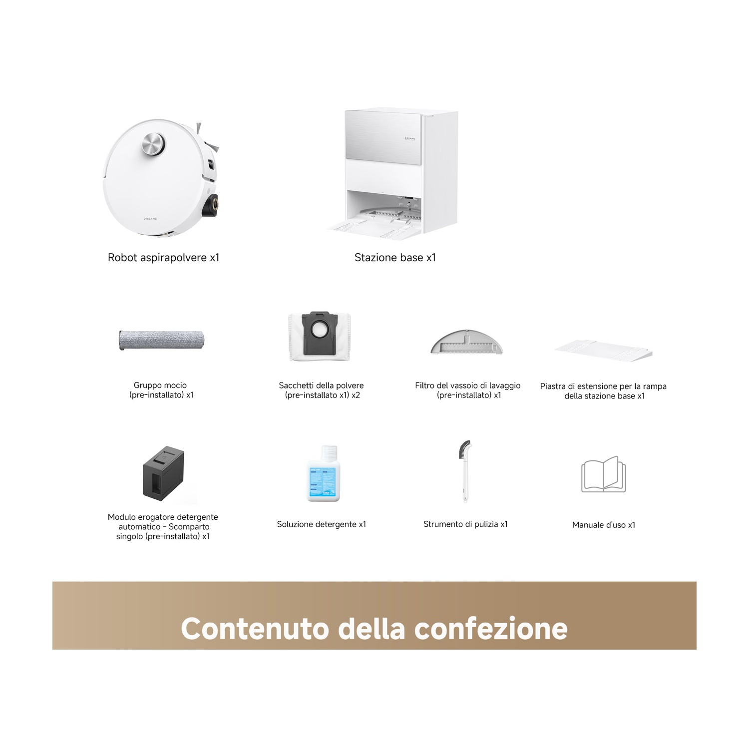L'immagine mostra un robot aspirapolvere bianco, una stazione base, accessori per la pulizia e un manuale, tutti etichettati in italiano.