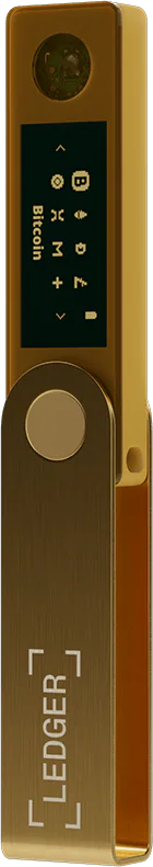 Appareil Ledger doré. Il possède un écran affichant des informations sur les crypto-monnaies. Le mot 'Ledger' est imprimé dessus.