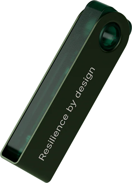 Ein grünes, rechteckiges Gerät mit abgerundeten Kanten. Es lautet 'Resilienz durch Design'. Der Hintergrund ist schwarz.