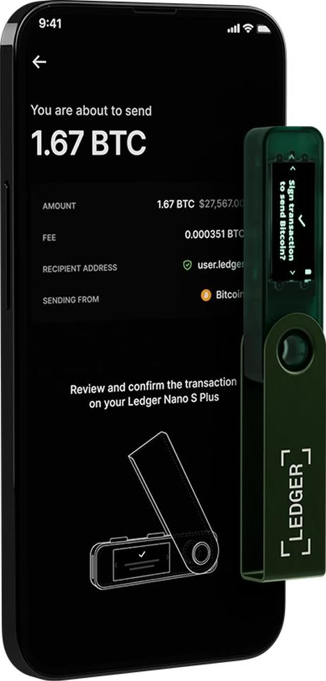 Ein Smartphone-Bildschirm zeigt eine Bitcoin-Transaktion, verbunden mit einem Ledger Nano S Plus. Der Bildschirm zeigt Transaktionsdetails.