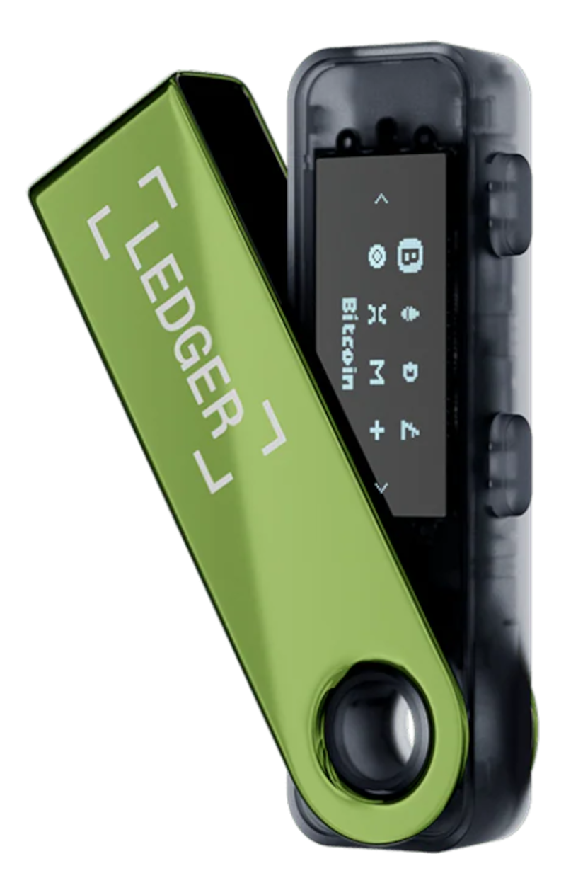 Ein Ledger-Hardware-Wallet mit grünem Cover und Bildschirm mit Kryptowährungssymbolen vor schwarzem Hintergrund.