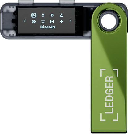 Ein Ledger Hardware-Wallet. Der Bildschirm zeigt Bitcoin und andere Kryptowährungssymbole an. Das Gerät ist grün, mit dem Wort LEDGER darauf.