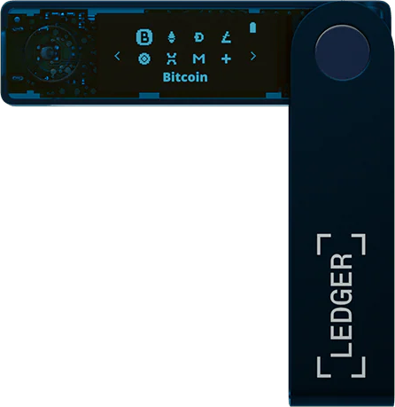 Un portefeuille matériel Ledger. L'écran affiche des symboles de crypto-monnaie. Le mot 'Bitcoin' est visible. Le logo Ledger est sur le côté.