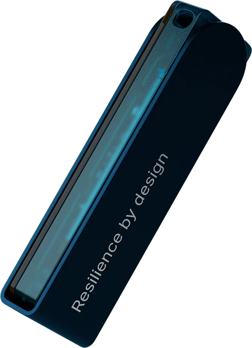 Objet bleu foncé avec section transparente, intitulé 'Resilience by design'. Le fond est noir.