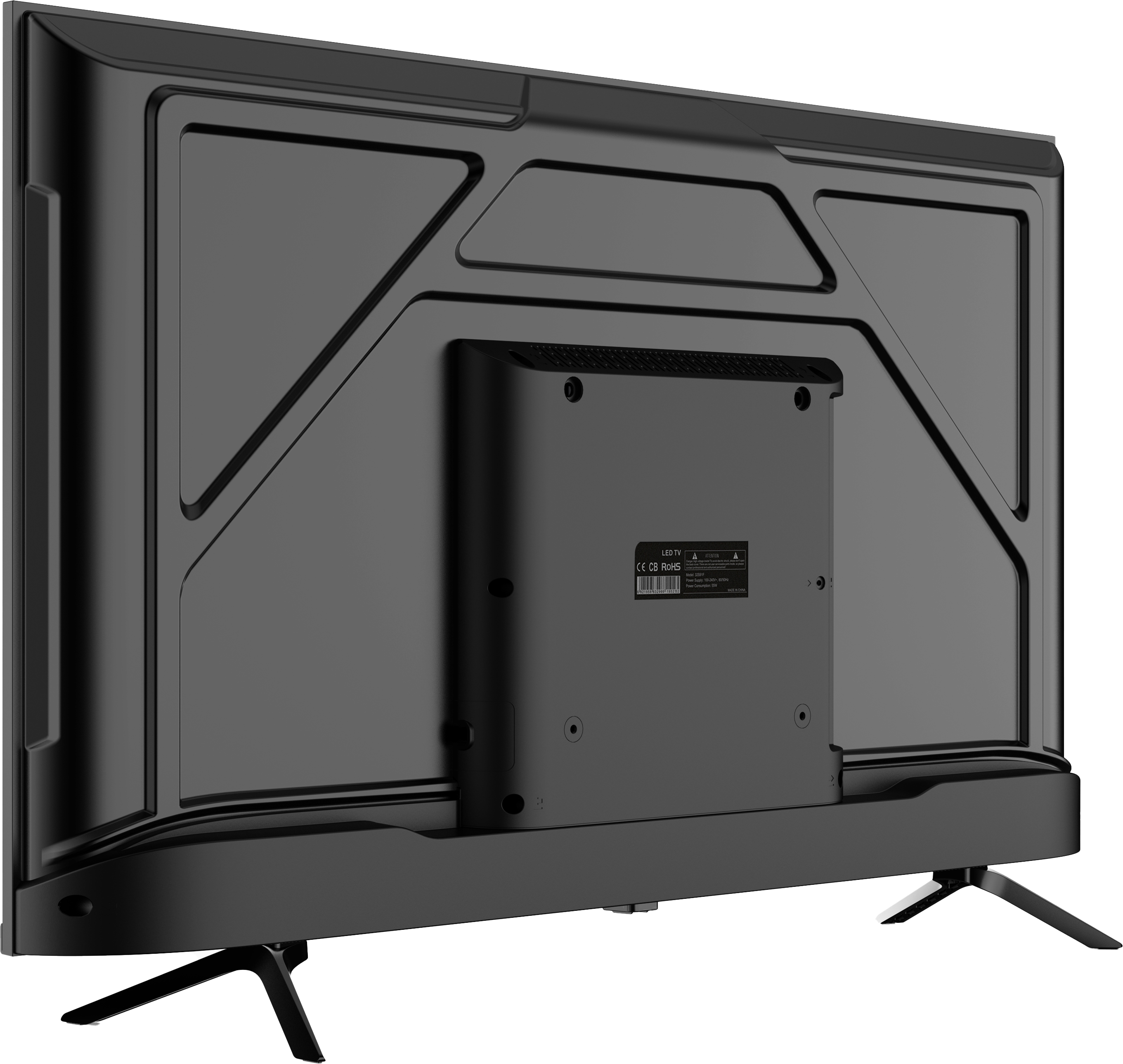 Widok z tyłu czarnego telewizora LED, w tym stojak i etykieta ze szczegółami technicznymi. Tło jest ciemne.