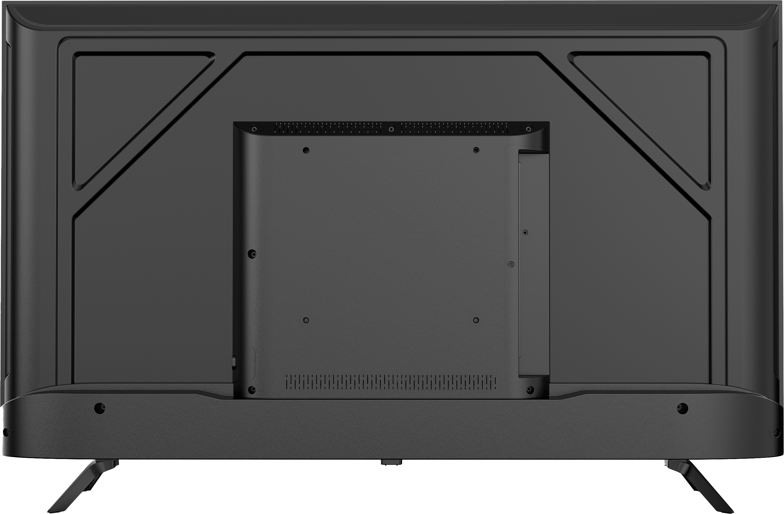 Tył czarnego telewizora. Posiada otwory wentylacyjne, otwory montażowe i podstawę.