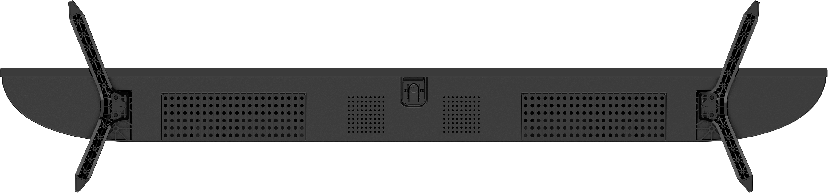 Tył czarnego telewizora z dwiema nóżkami. Posiada otwory wentylacyjne, porty i centralny port zasilania.